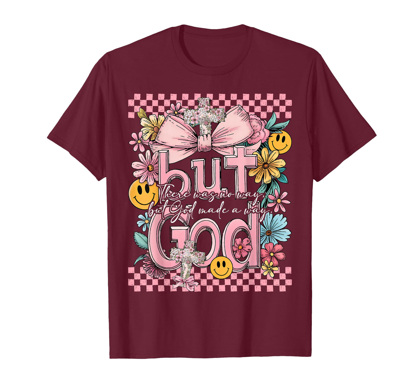 But God Pink Christian Floral Bow Teen Girls Scripture Retro T-Shirt