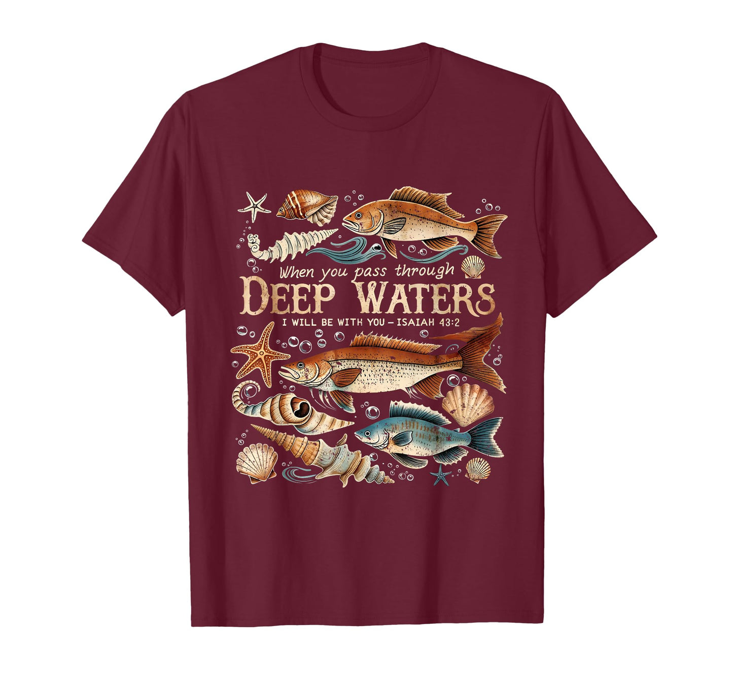 Deep Waters Isaiah 43:2 Bible Ocean Fish Scene T-Shirt