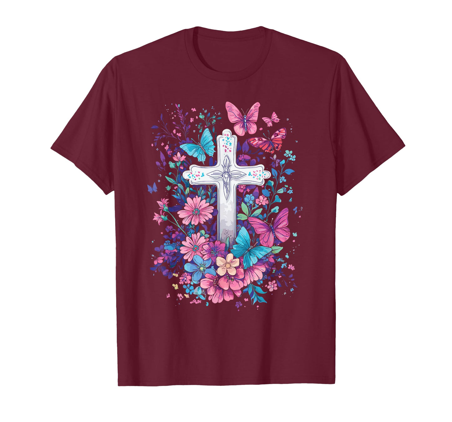 Christian Cross With Floral Butterflies for Easter T-Shirt