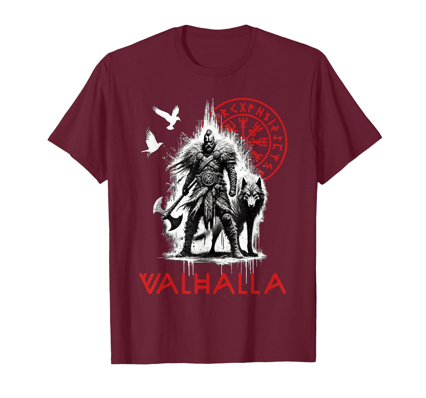 Valhalla Odin Wolf and Raven Viking Runes Norse Compass T-Shirt