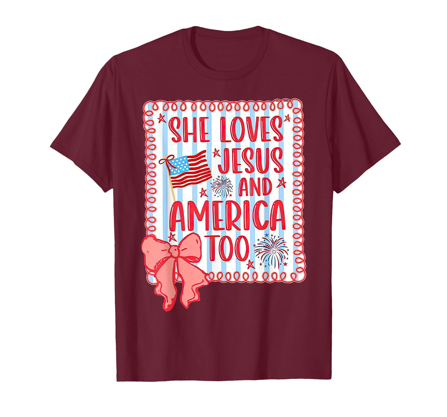 She loves Jesus and America too faith flag fireworks bow T-Shirt