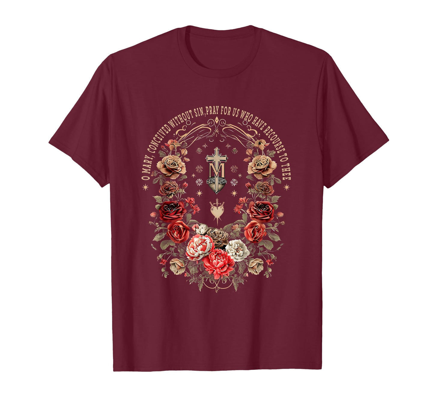 Marian Catholic Virgin Mary Marian Floral Cross Religious T-Shirt