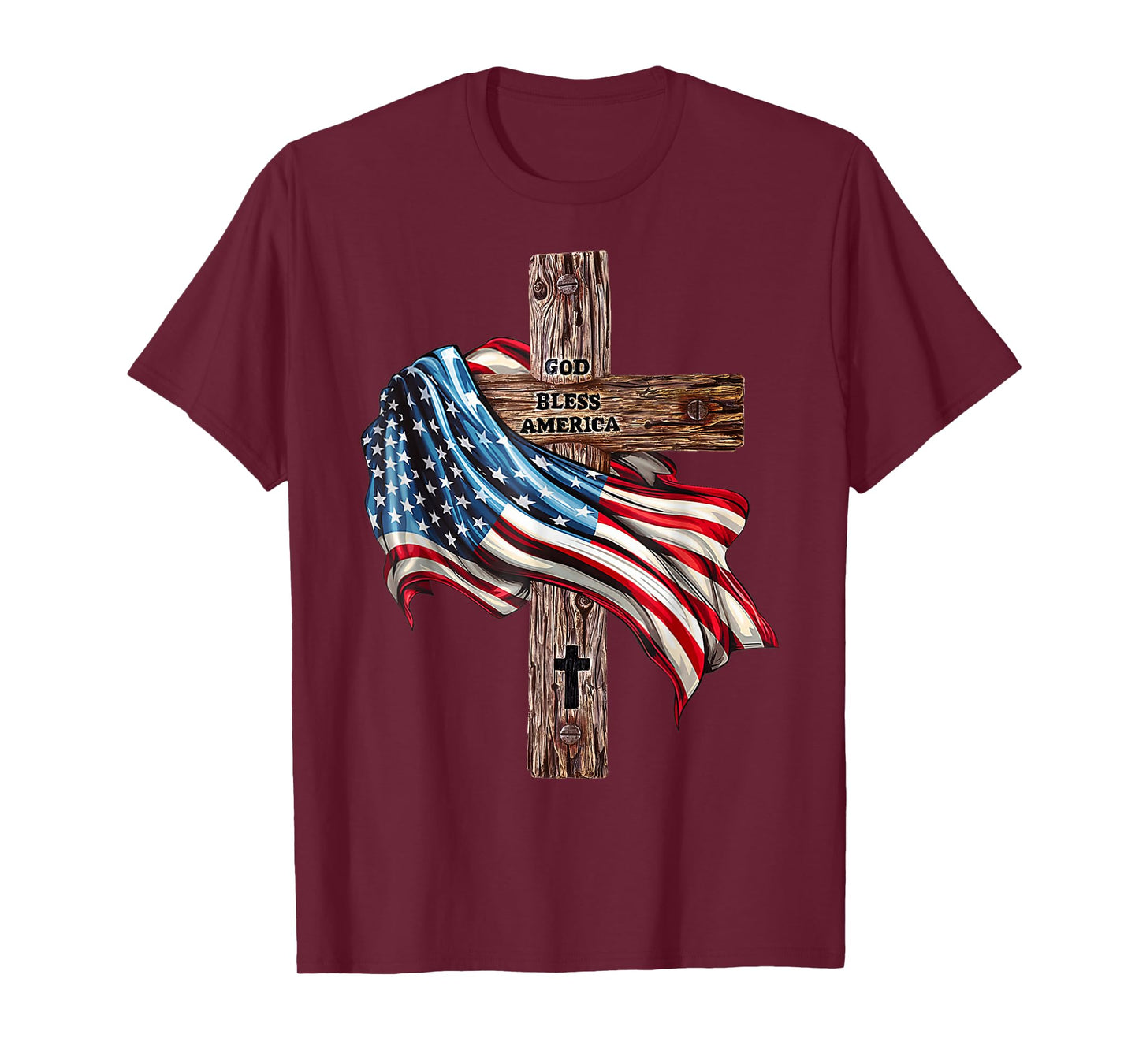 God Bless America Cross American Flag US Patriotic Christian T-Shirt