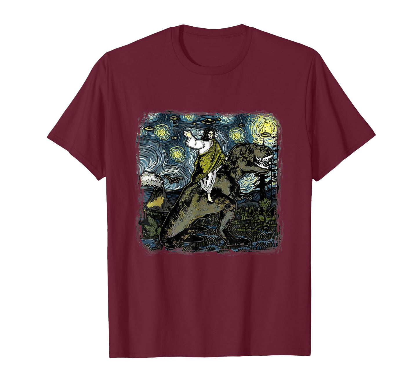 Jesus Riding Dinosaur Starry Night Funny Men Women UFOs T-Shirt