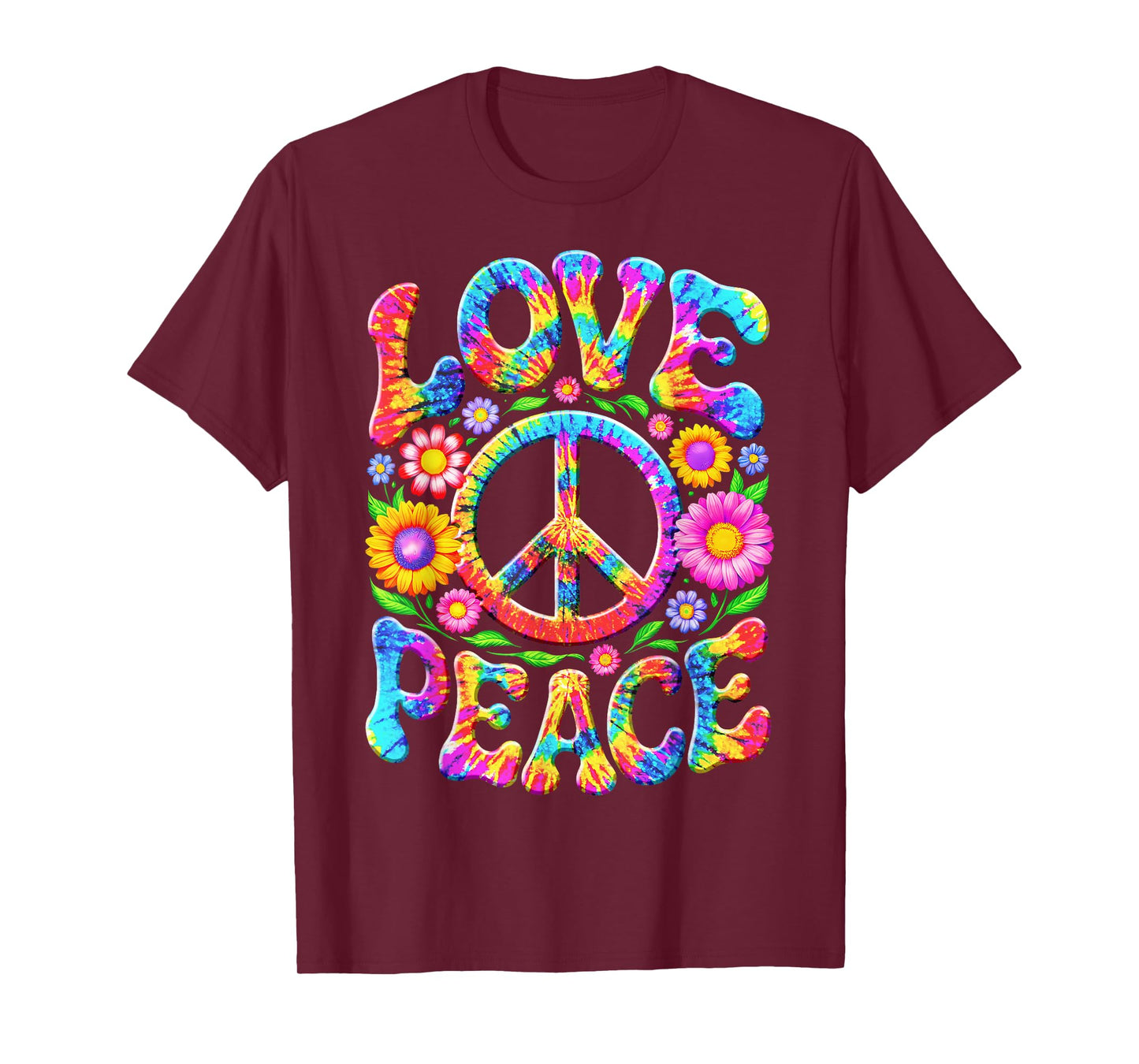 Colorful Flowers Love Peace Sign 60s 70s Tie Dye Floral T-Shirt