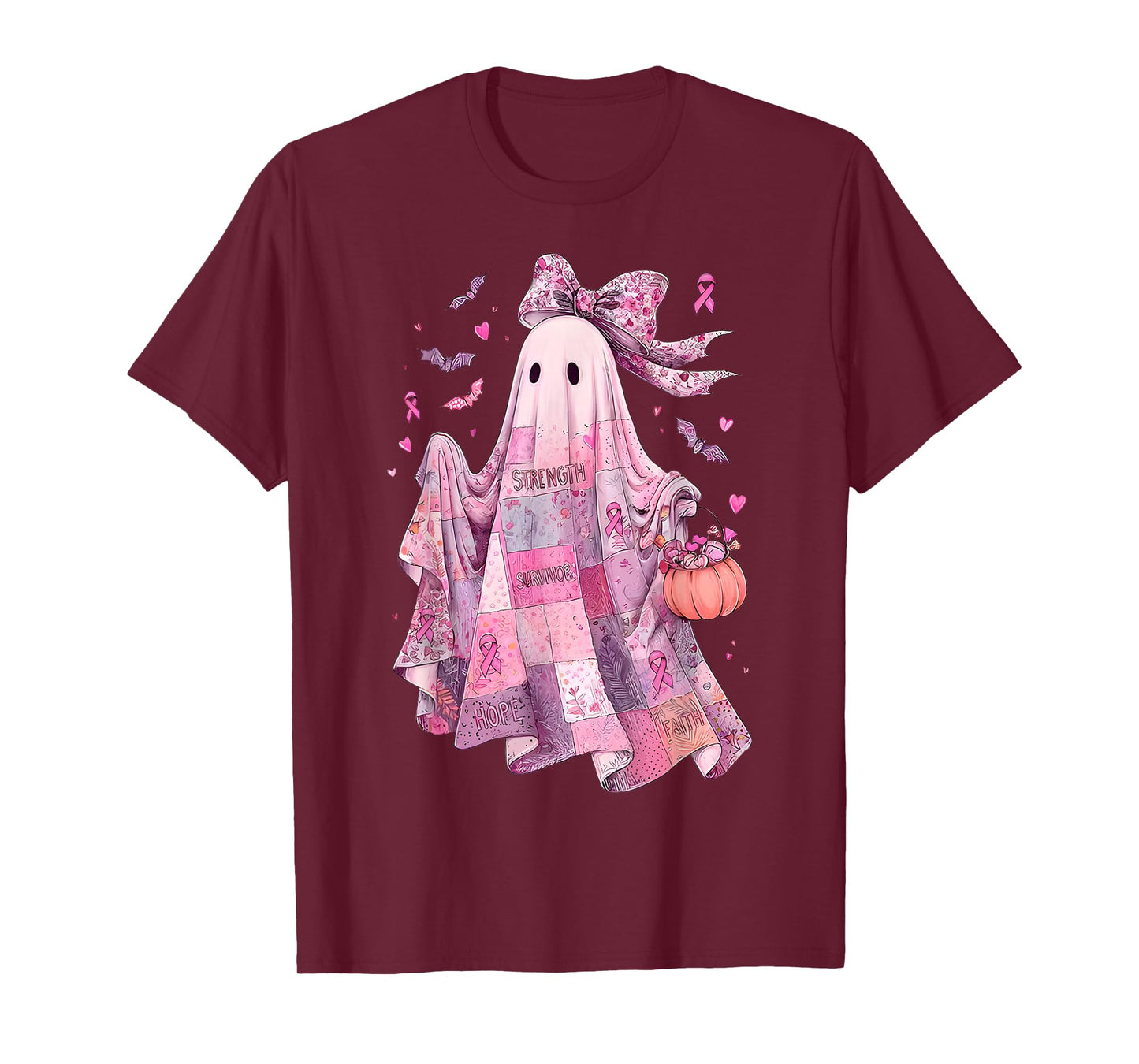 Breast Cancer Awareness Ghost, Pink Ribbon Patchwork Ghost T-Shirt