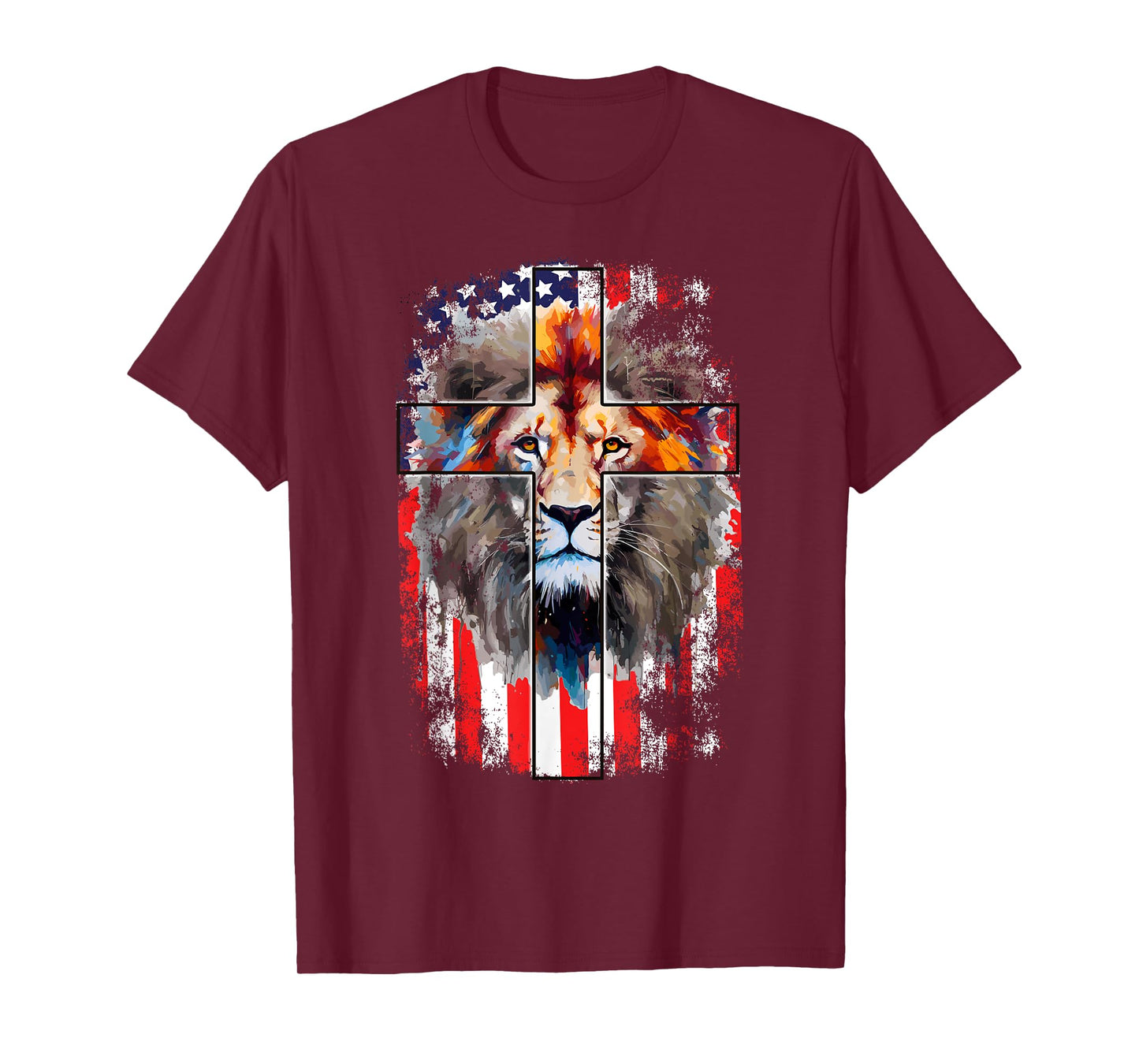 Christian God Faith US Flag Cross Jesus Lion Of Judah T-Shirt