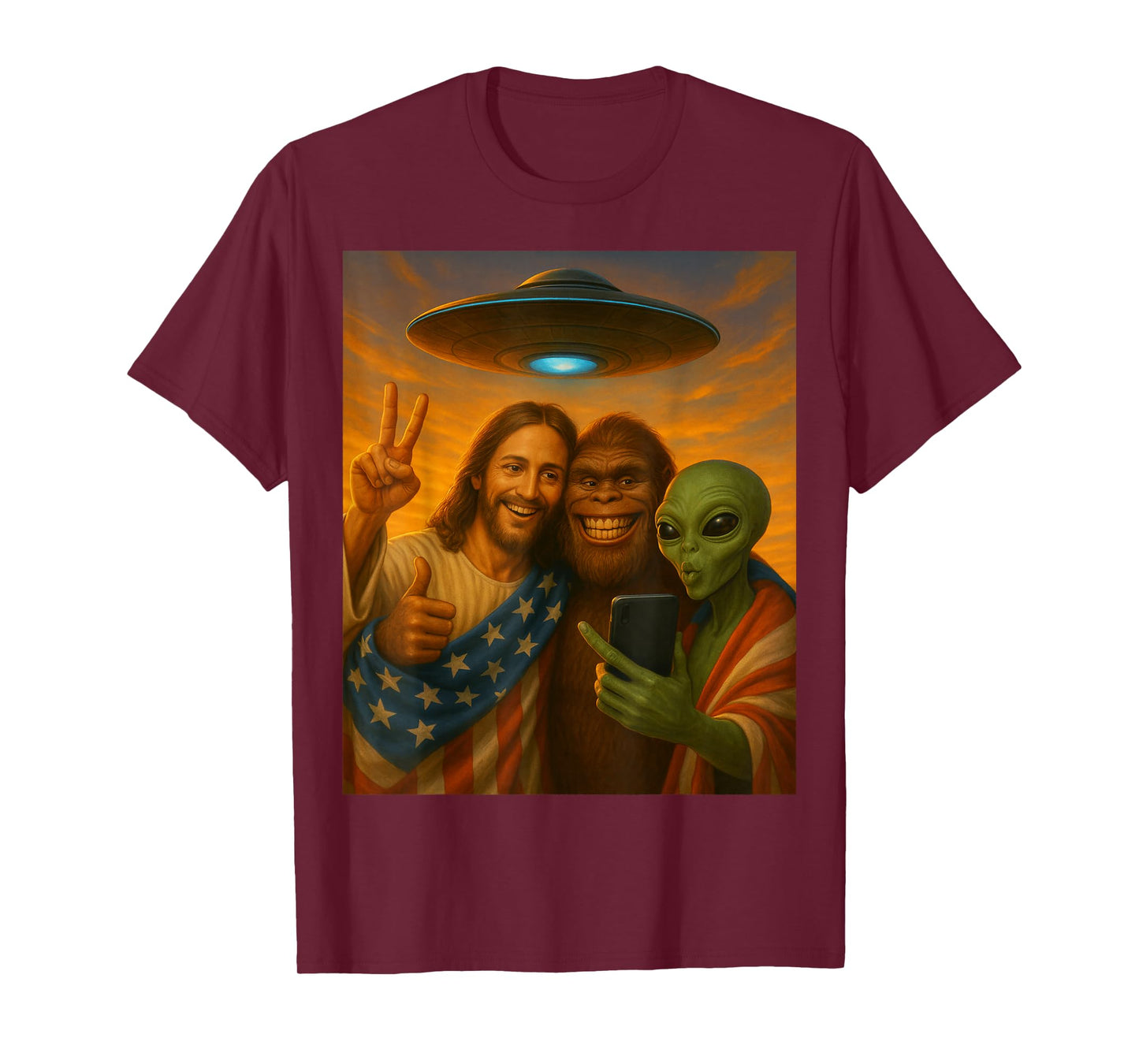 Jesus Selfie with Alien Bigfoot Funny Patriotic US Christian T-Shirt