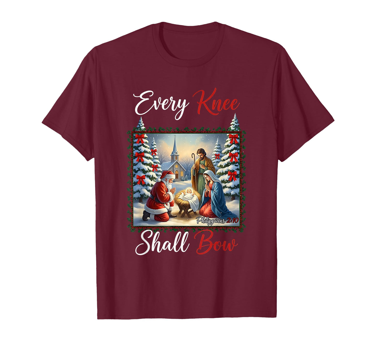 Every Knee Shall Bow Santa Christmas Nativity Scene Xmas T-Shirt