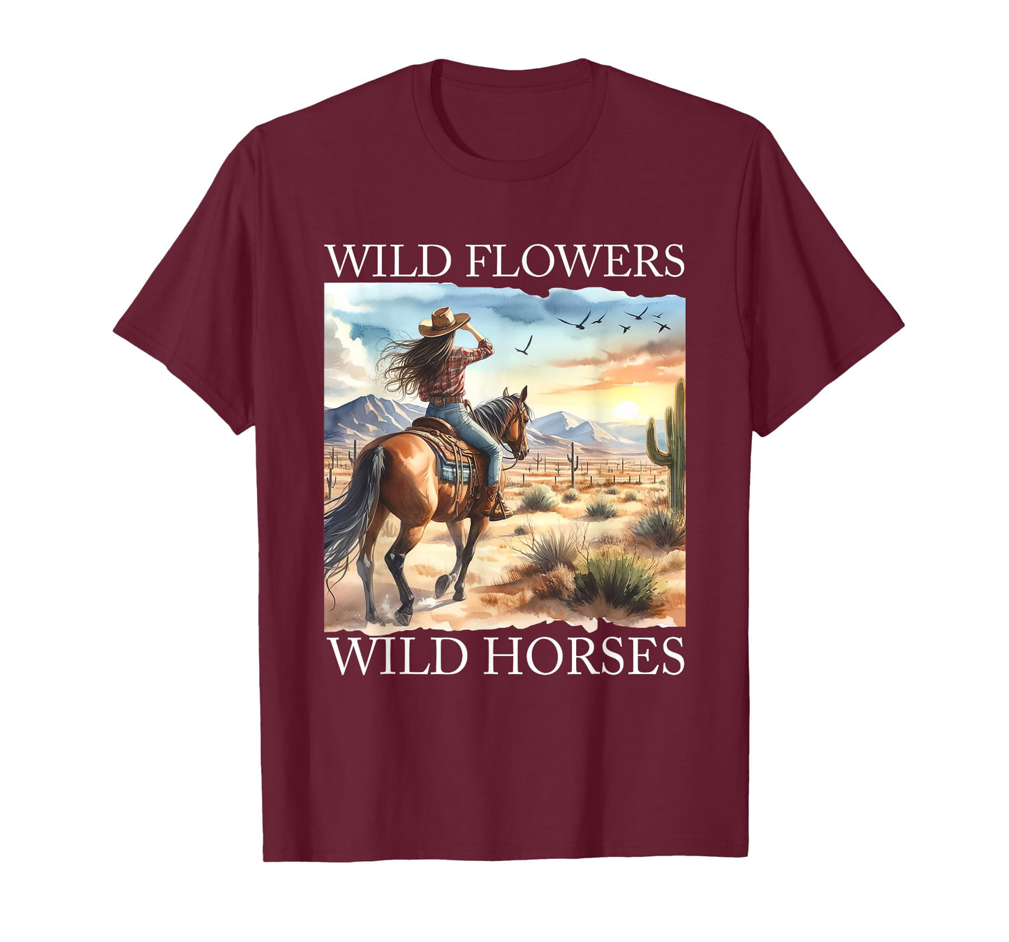 Sunset Cowgirl Riding Horse Wild Flowers - Wild Horses T-Shirt