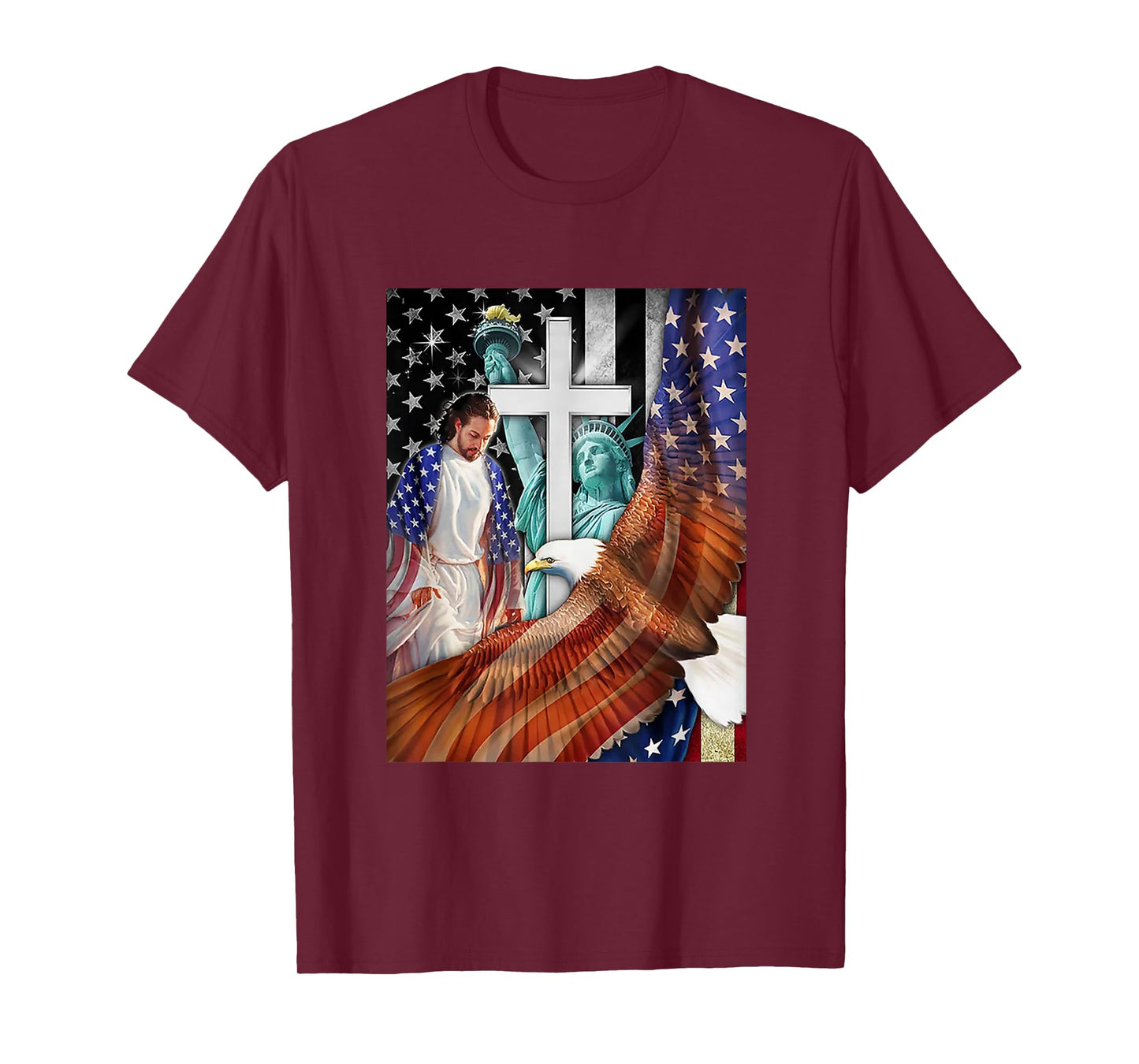 Bald Eagle with Jesus Christ and American Flag Women Kids Men T-Shirt