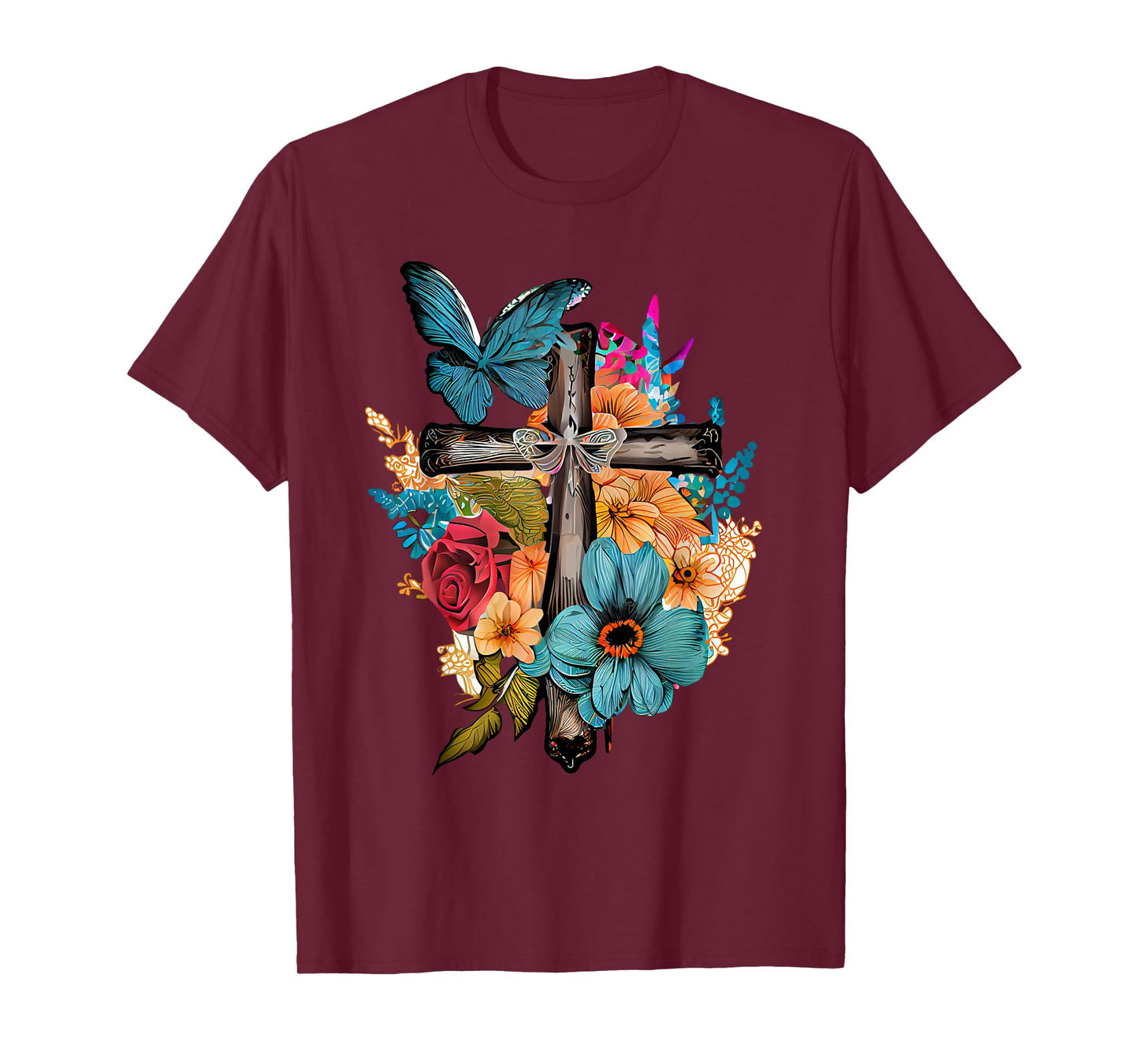 Jesus Cross Butterfly Flower Christian Faith Motivation T-Shirt