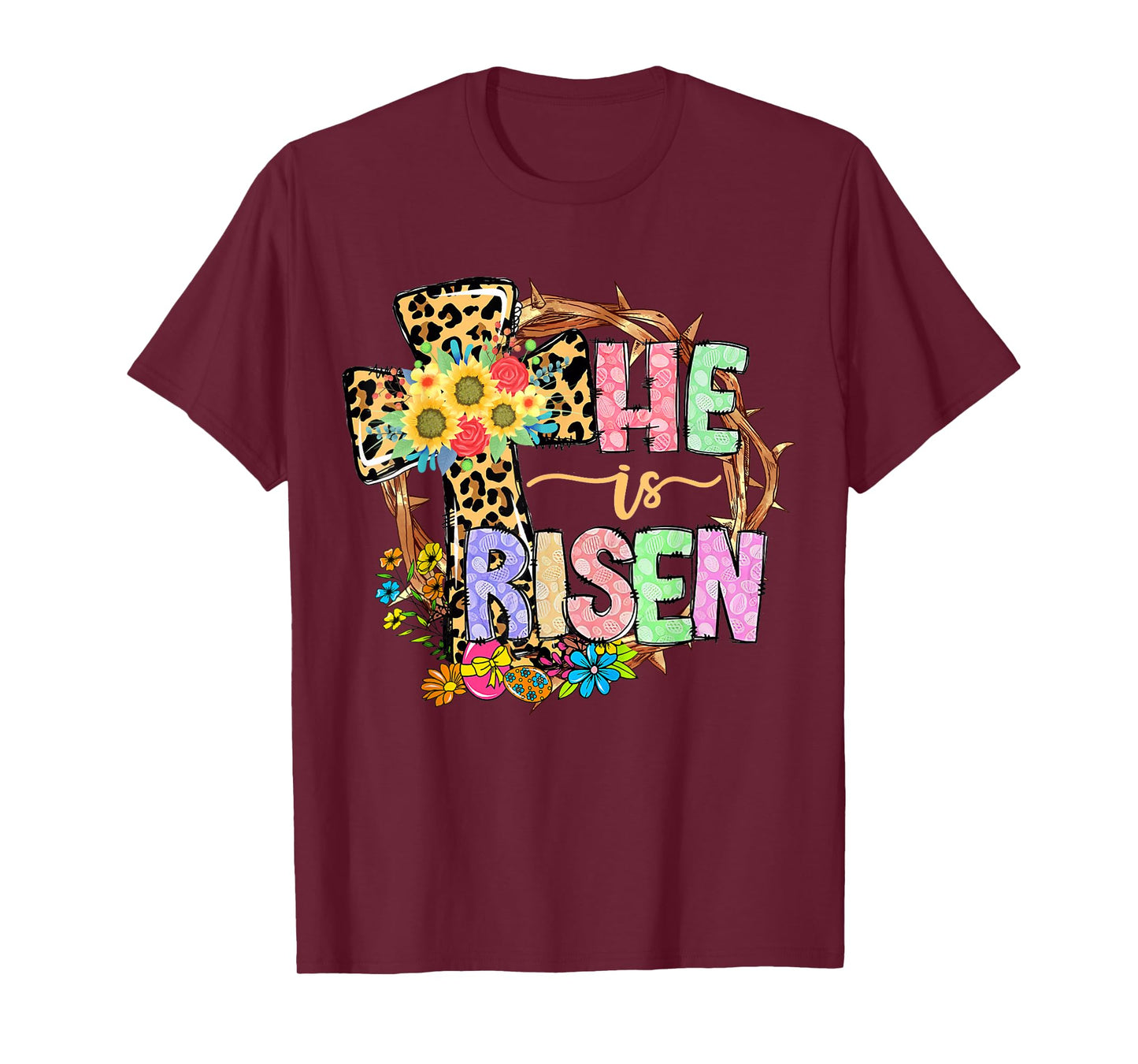 He Is Risen Floral Jesus Easter Day Christians Leopard Cross T-Shirt