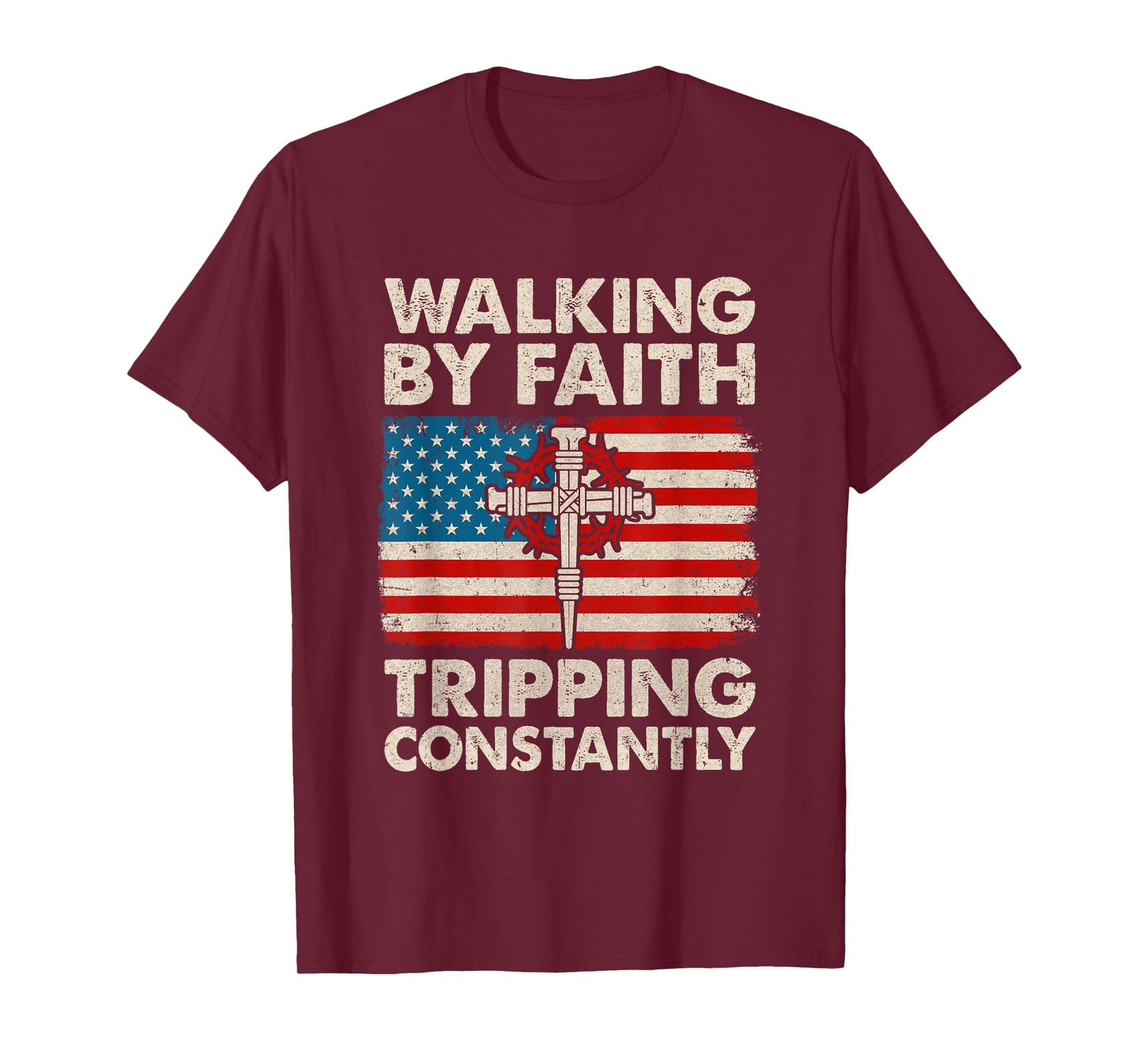 Walking By Faith Tripping Constantly Christian Bible Us Flag T-Shirt