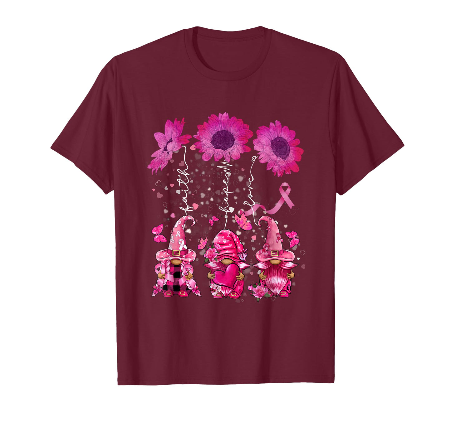 Faith Hope Love Gnome Ribbon Breast Cancer Awareness Flower T-Shirt