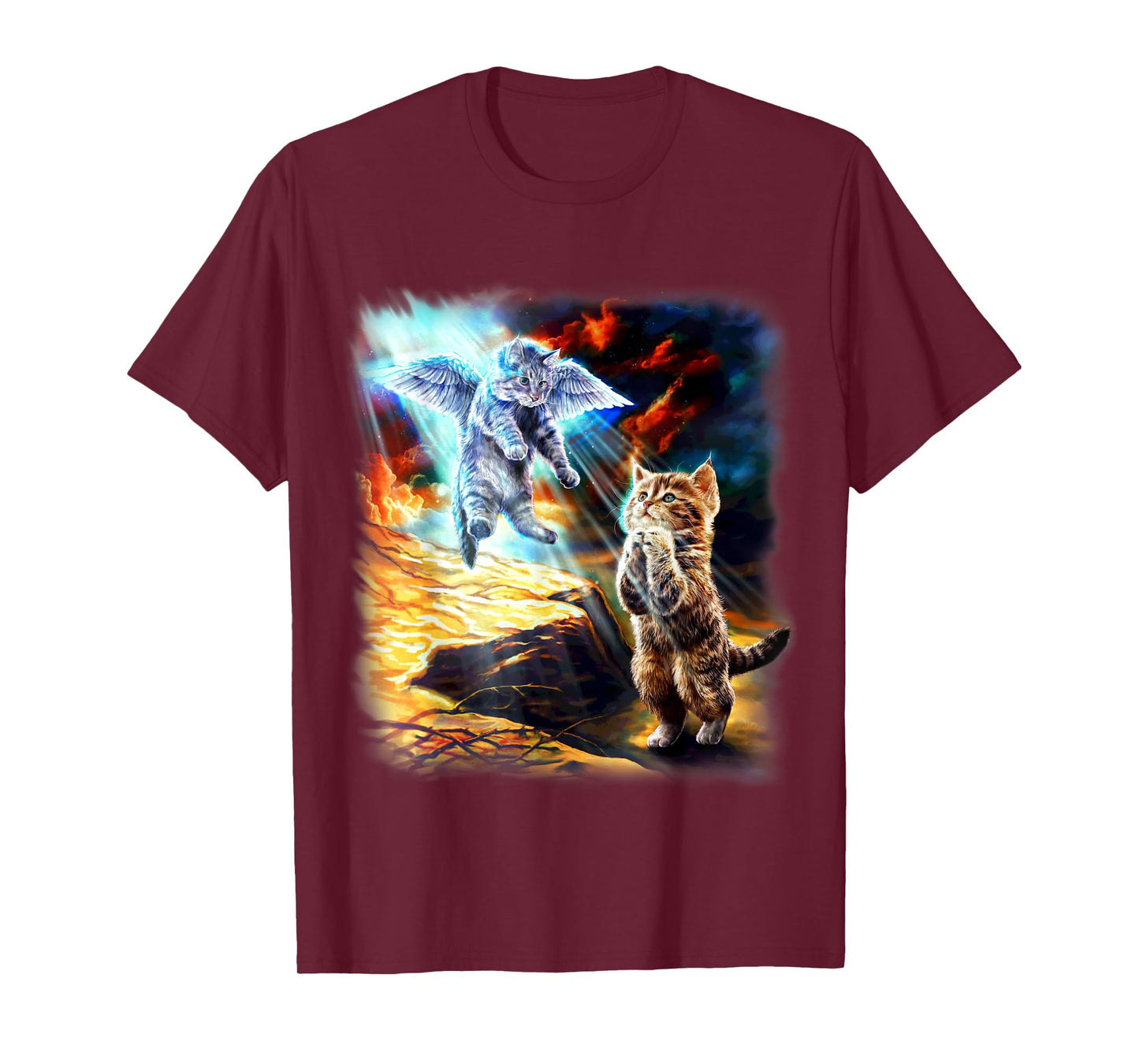 Angel Cat and Praying Companion in Fiery Sky Men Women Kids T-Shirt