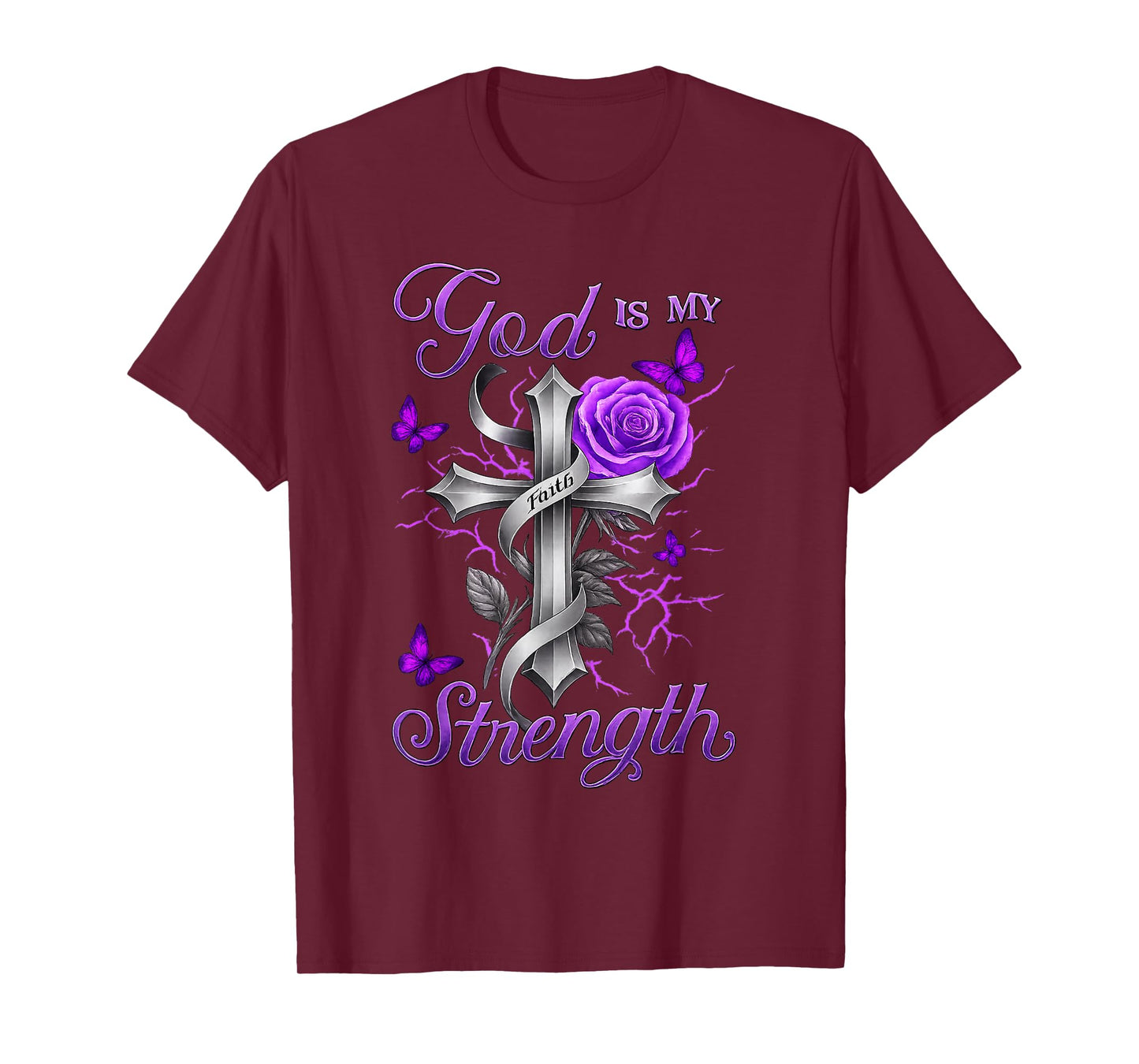 God is My Strength Purple Rose Cross Faith Apparel T-Shirt