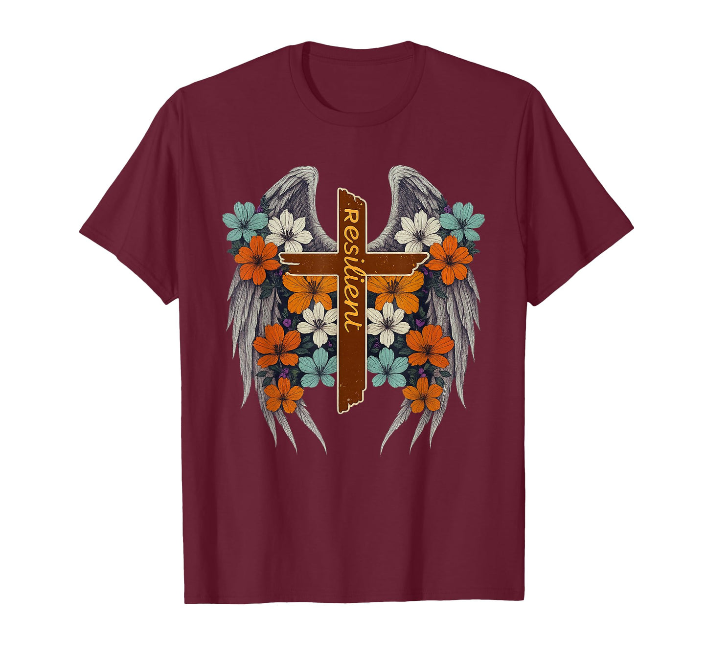 Angel Wings Cross Religious Resilient Boho Flowers Vintage T-Shirt
