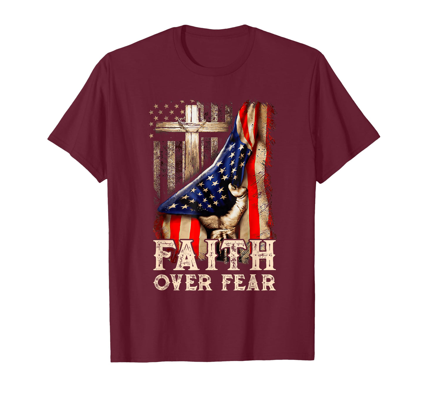 Christian US USA Flag American Christ Faith Over Fear Cross T-Shirt