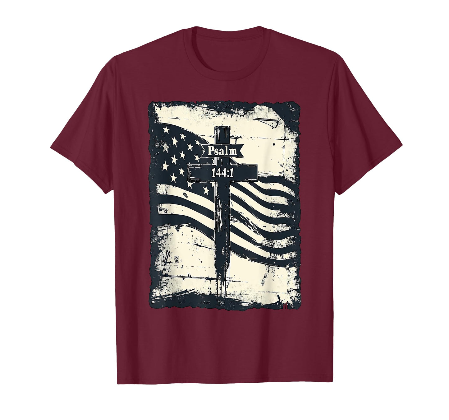 Psalm 144:1 Vintage US Flag Christian Cross Bible Verse T-Shirt