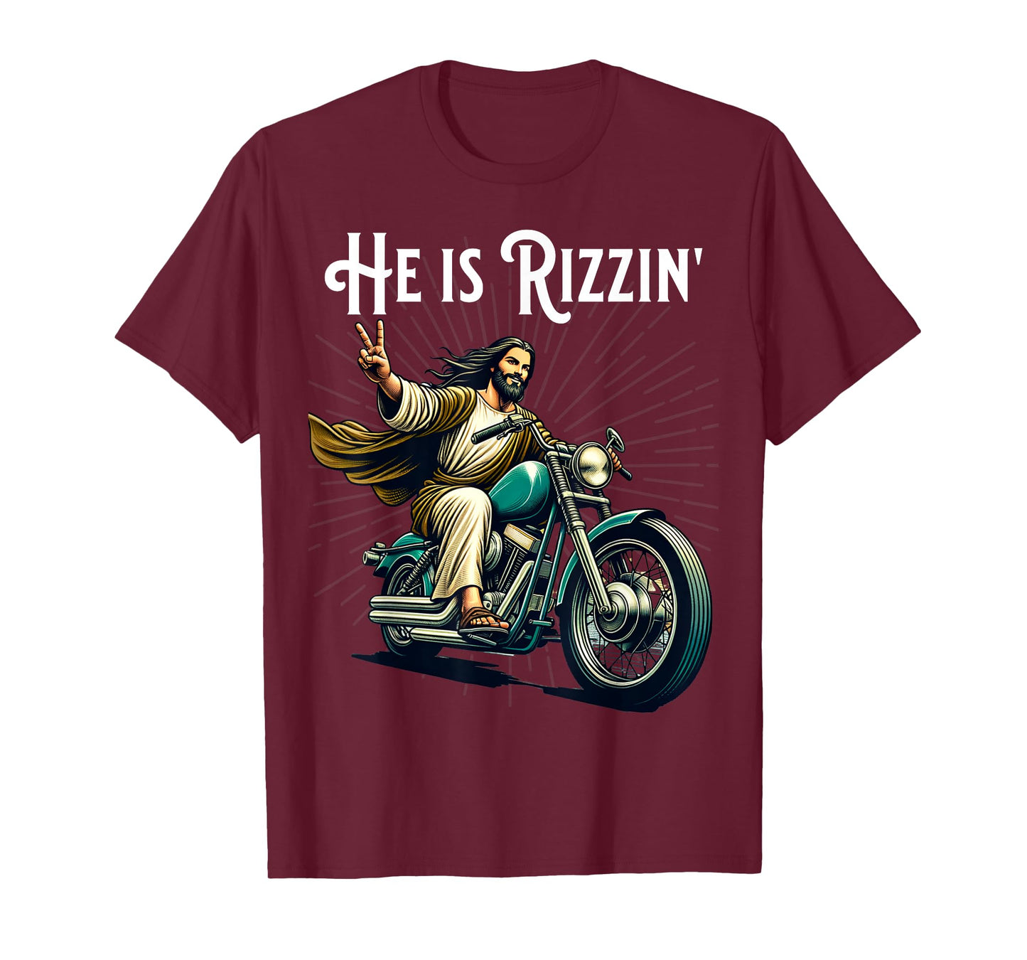 Rizzen Funny Rizz He is Rizzin Jesus Riding Motorcycle T-Shirt