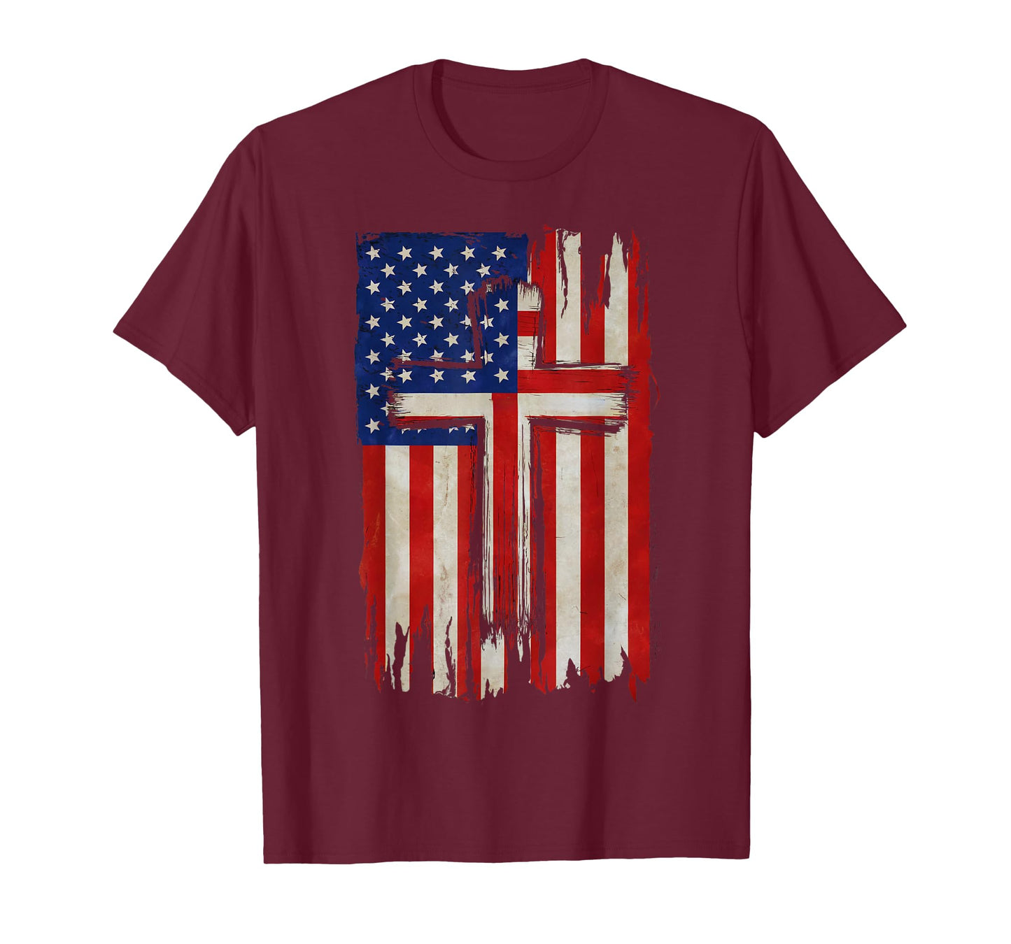 Distressed American Flag with Christian Cross USA Patriotic T-Shirt