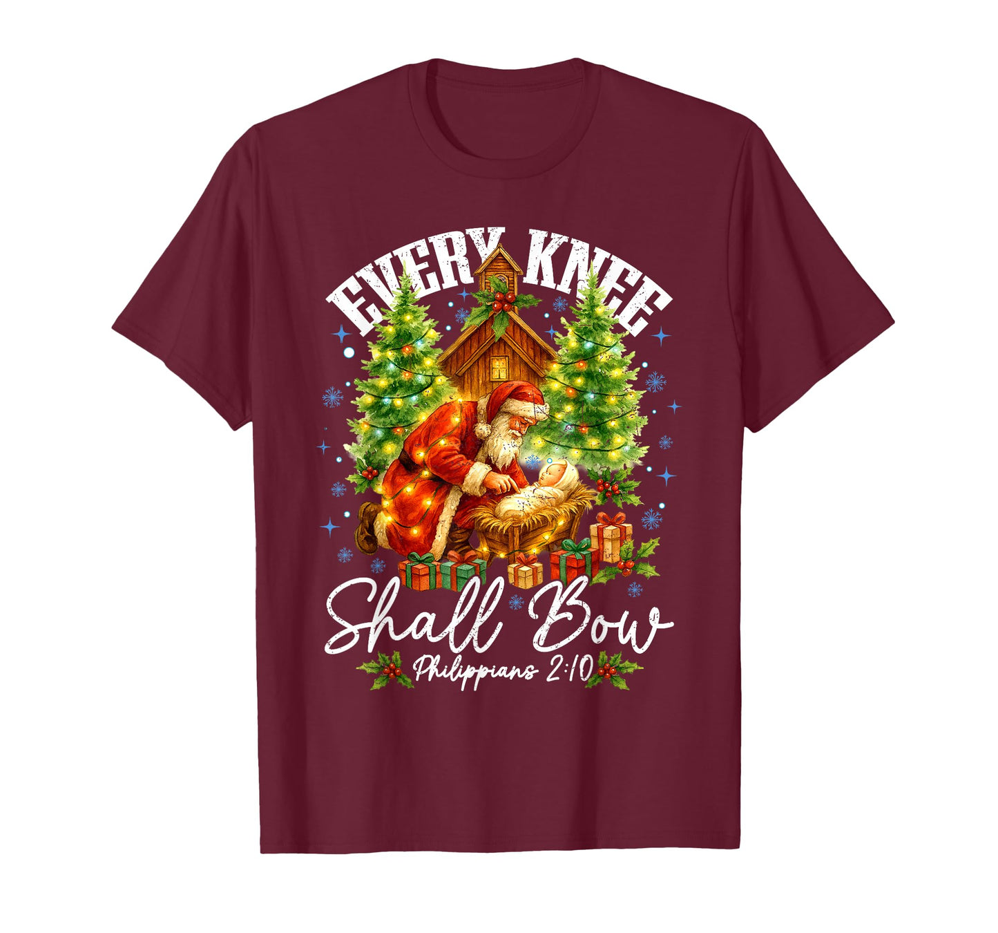 Every Knee Shall Bow Santa Christmas Nativity Scene Xmas T-Shirt