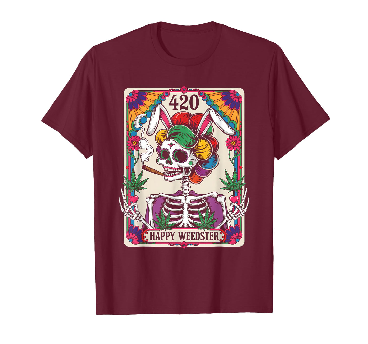 Happy Weedster 420 Easter Skeleton Smoking Weed Tarot Card T-Shirt