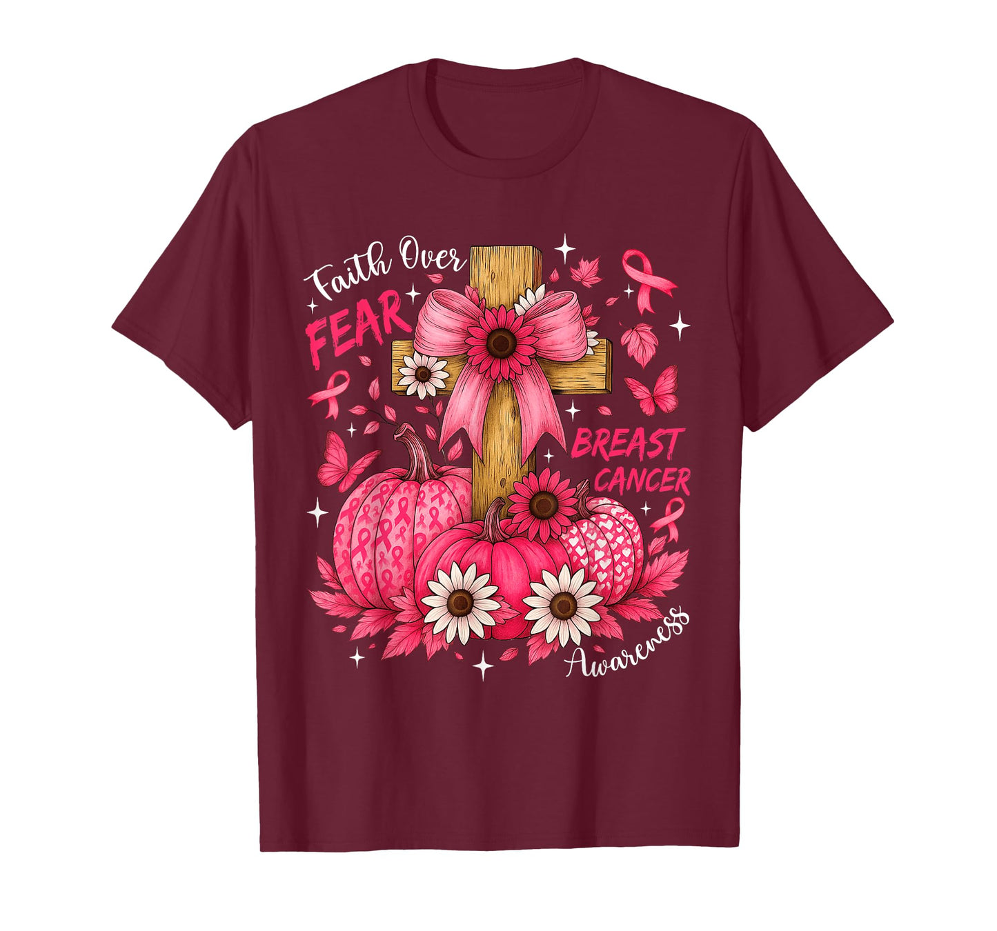Faith Over Fear Pink Ribbon Pumpkin Breast Cancer Christian T-Shirt