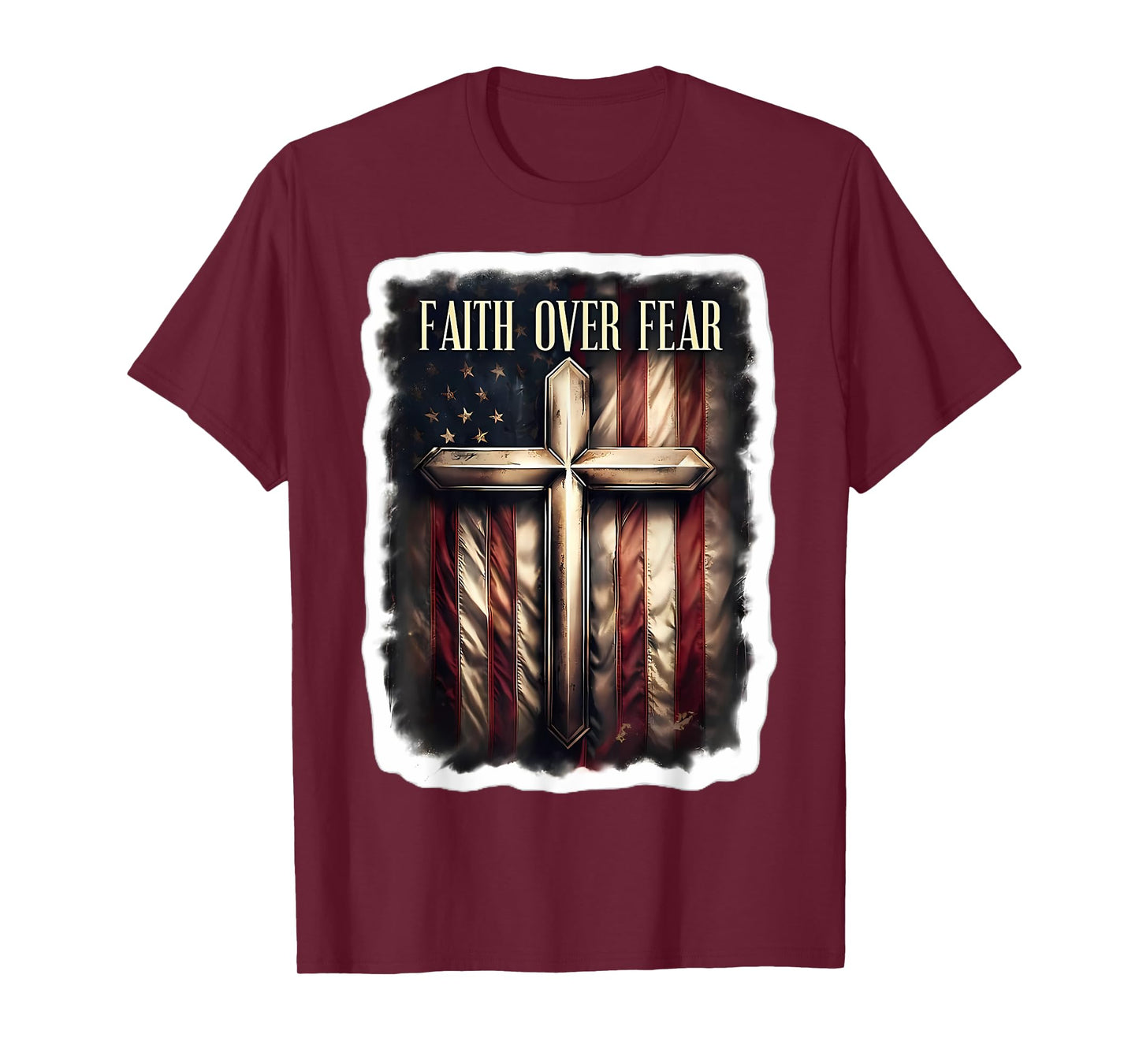 Faith Over Fear Vintage American Flag Cross Christian Quote T-Shirt