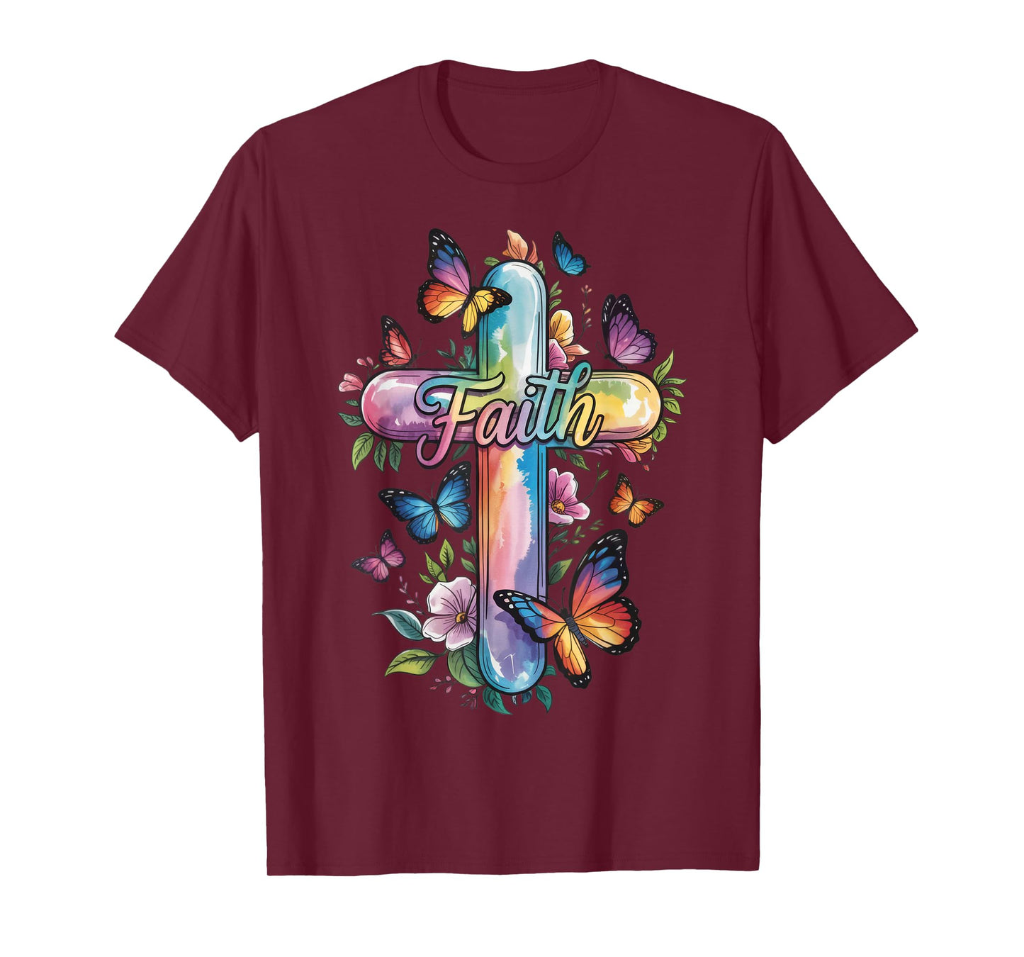 Faith Cross Butterflies Floral Religious Christ Flowers T-Shirt