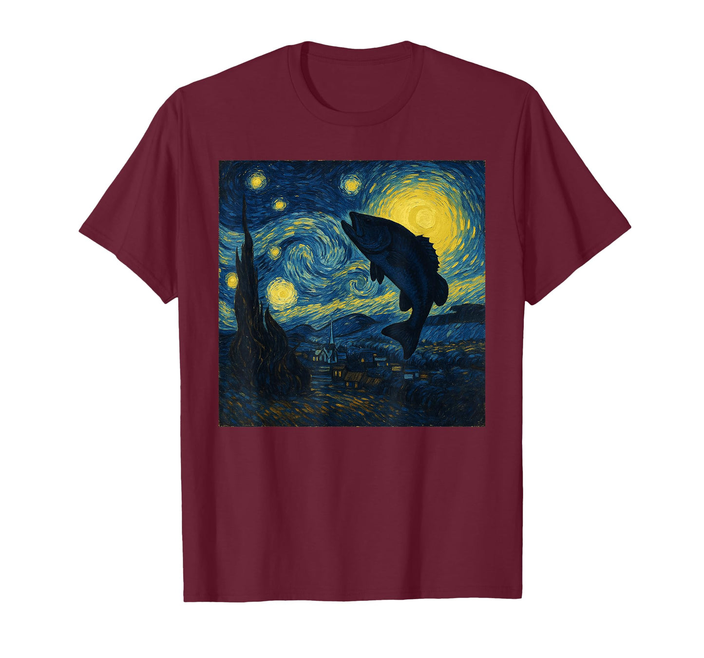 Starry Night Van Gogh Bass Fish Fisherman Funny Graphic T-Shirt