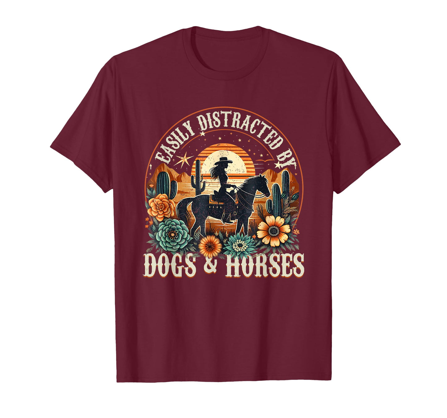 Easily Distracted By Dogs And Horse Funny Horse Retro Sunset T-Shirt