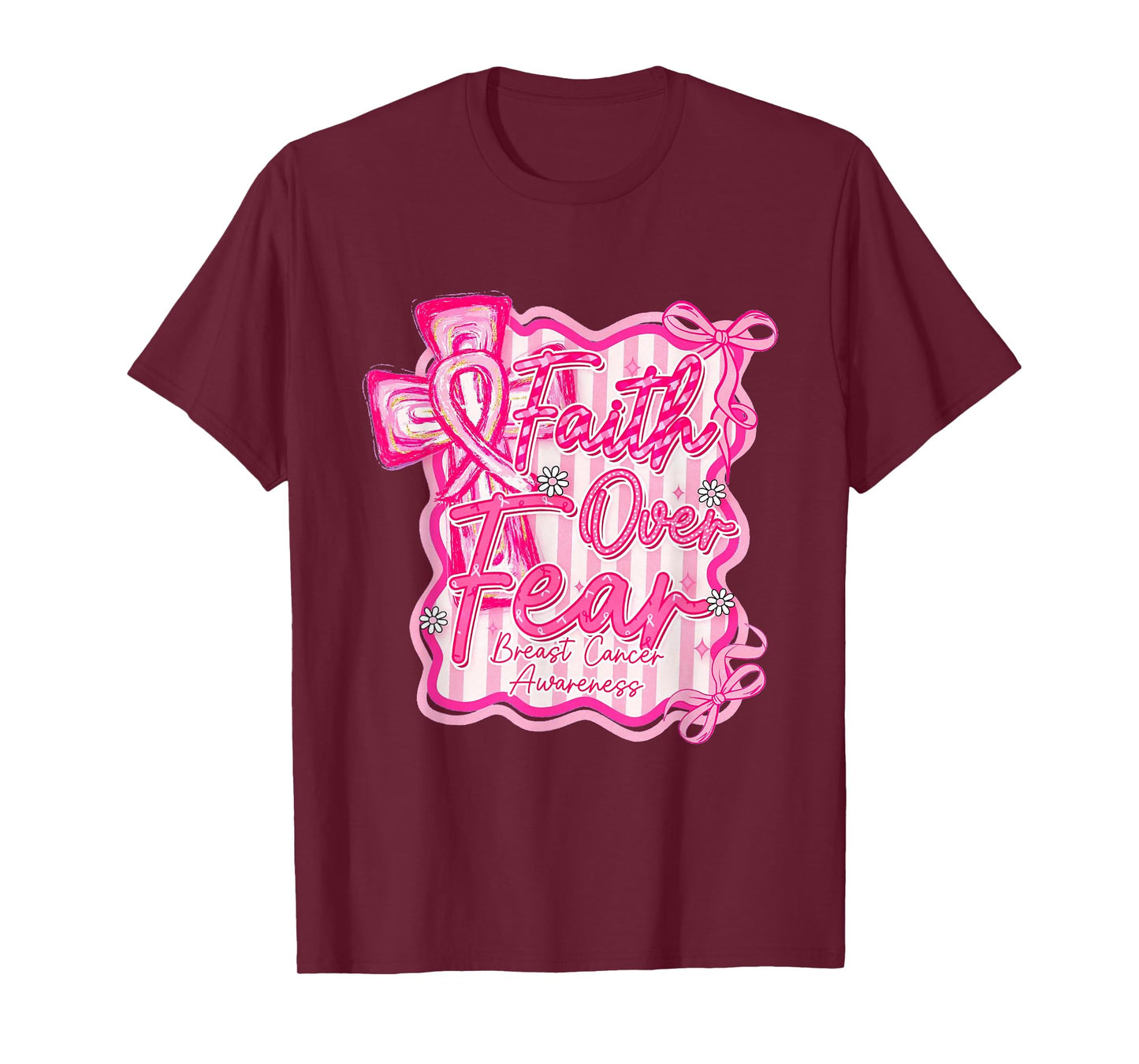 Faith Over Fear Pink Ribbon Christian Cross Breast Cancer T-Shirt