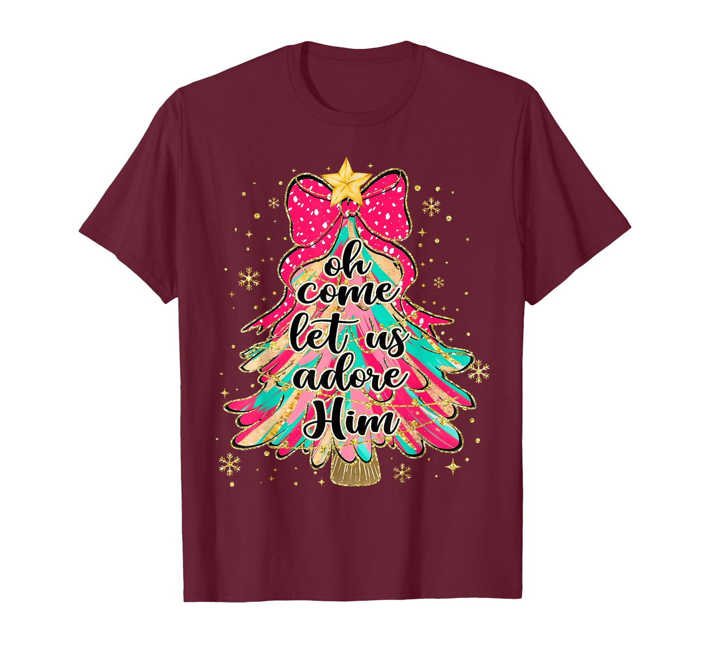 Oh Come Let Us Adore Him Christmas Tree Xmas Christian T-Shirt