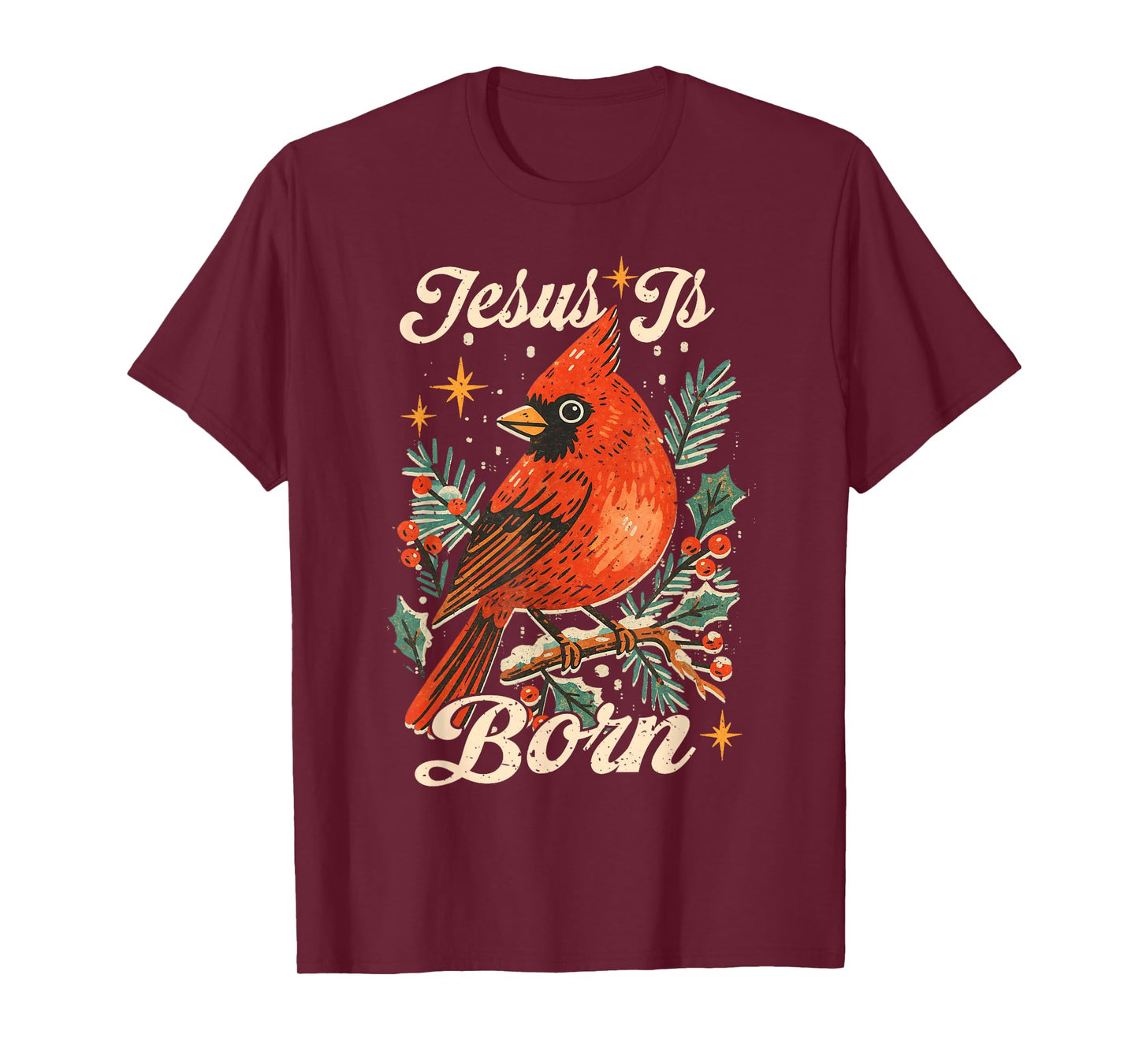 Merry Christmas Cardinal Bird Xmas Vintage Jesus is Born T-Shirt