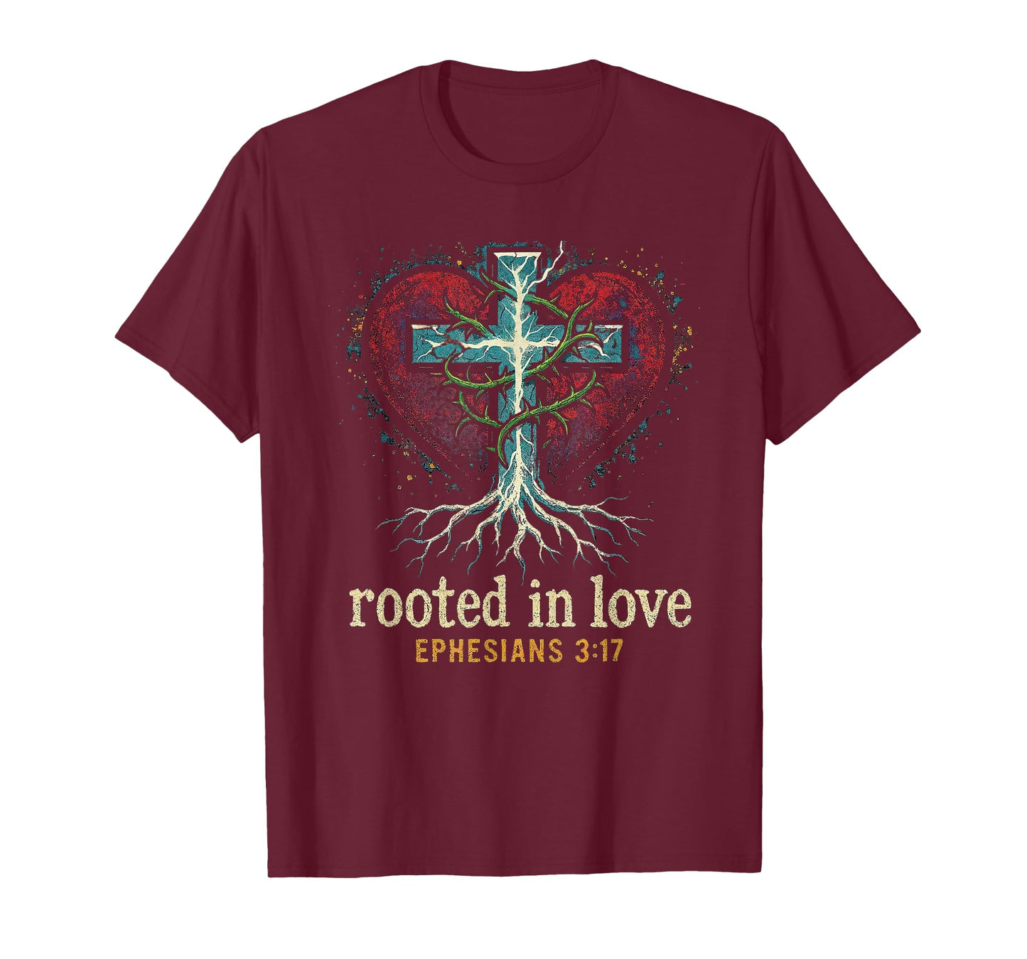 Cross of Jesus Rooted in Love -Punk Art Distressed Christian T-Shirt