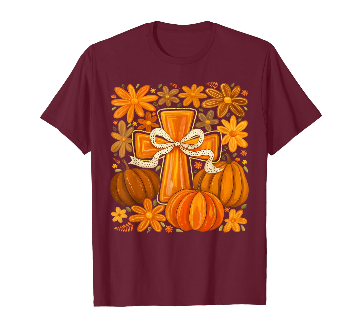 Boho Floral Pumpkin Cross Fall Jesus Christian Faith Autumn T-Shirt