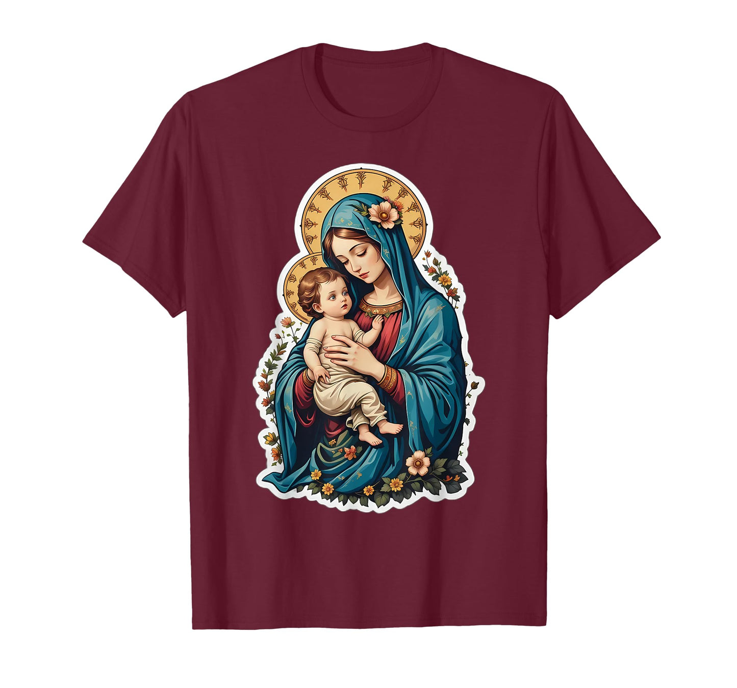 Floral Saint Mary with Baby Jesus Christ Santa Maria Panagia T-Shirt