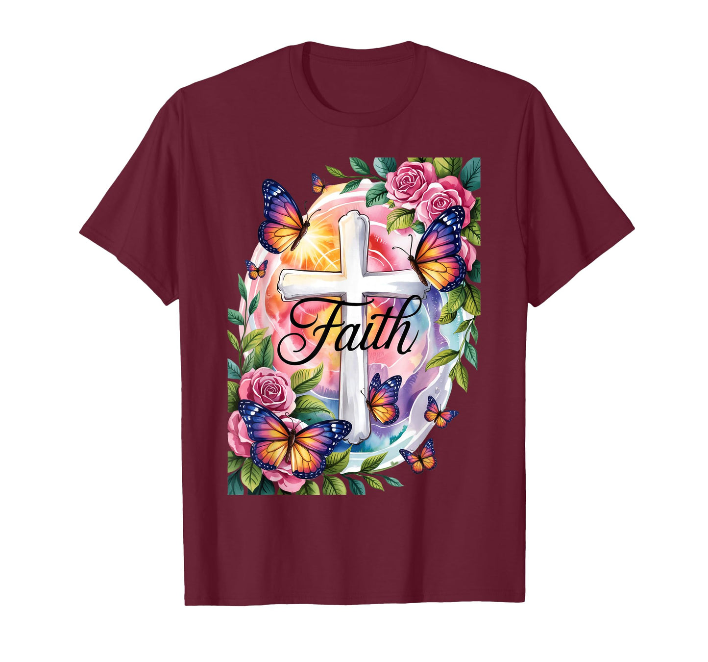 Faith Cross Butterflies Floral Religious Christ Flowers T-Shirt