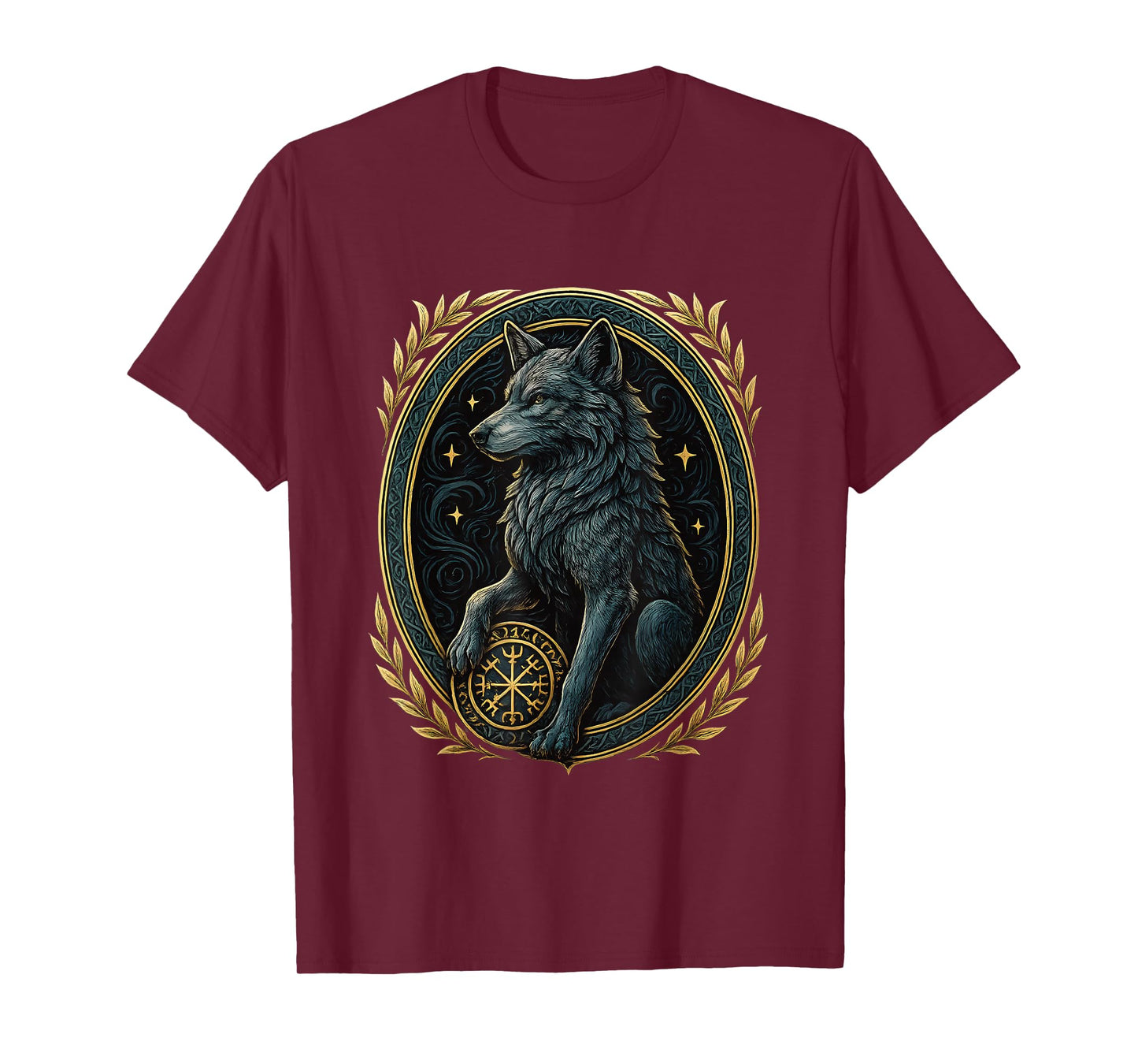 Norse Wolf with Helm of Awe Aegishjalmur Runes Viking Symbol T-Shirt