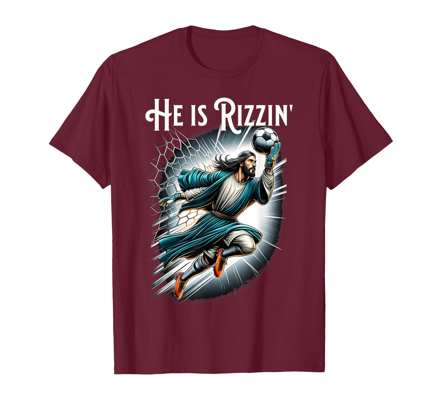 Rizzen Funny Sports Rizz He is Rizzin Jesus Playing Soccer T-Shirt