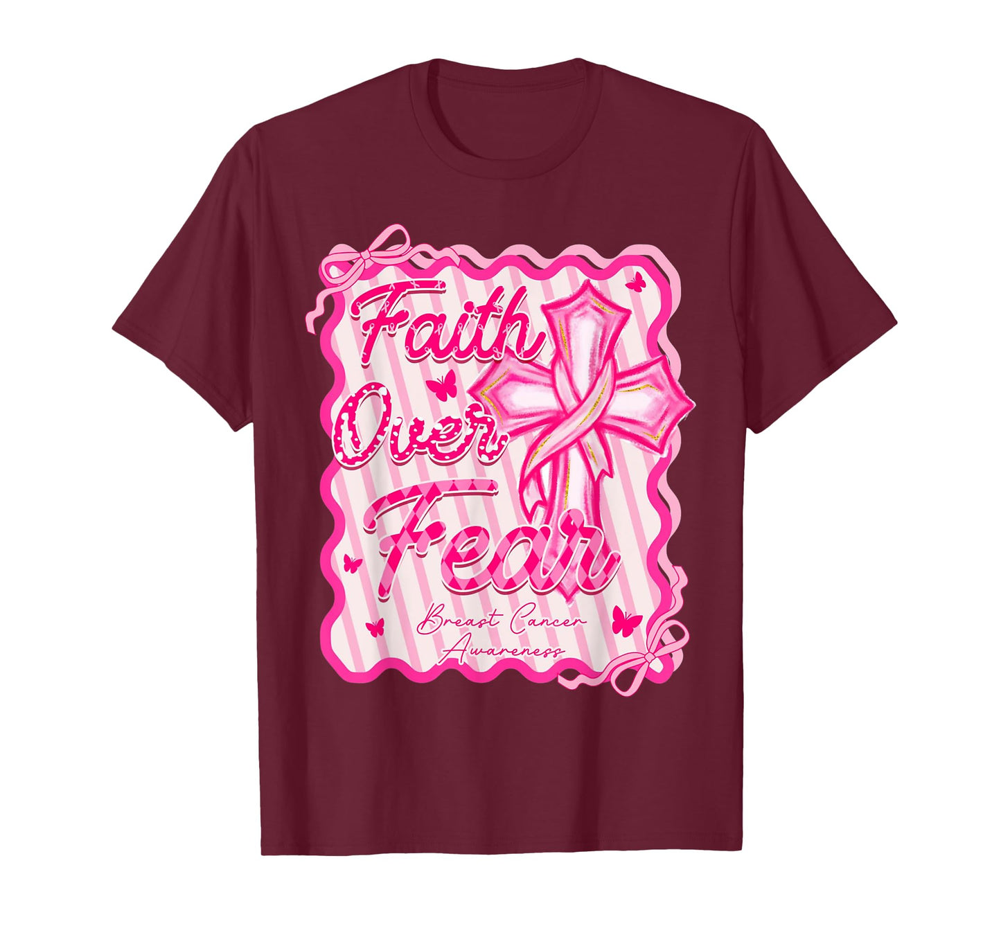 Faith Over Fear Breast Cancer Awareness Pink Coquette Christ T-Shirt