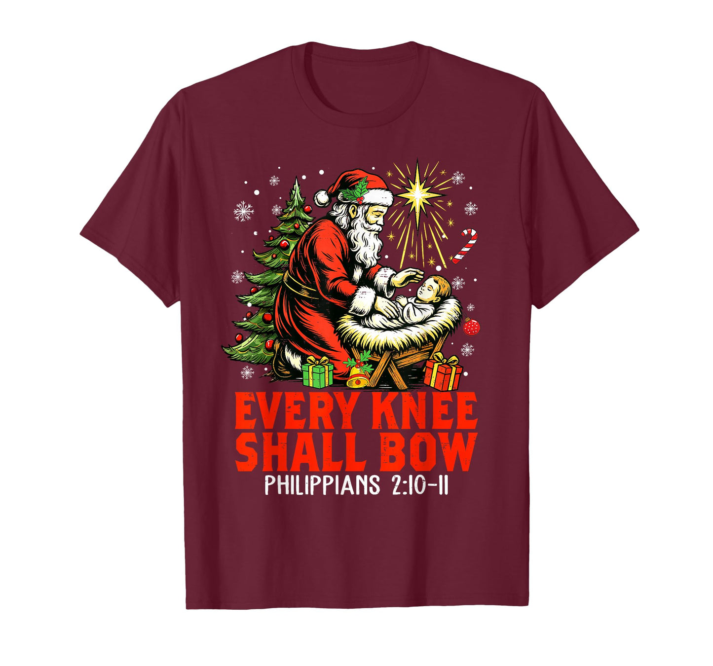 Jesus Christmas Christian Every Knee Shall Bow Santa Clause T-Shirt