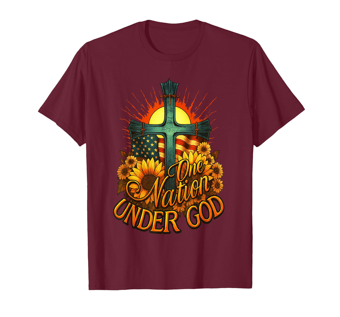 One Nation Under God USA Flag Cross Sunflower Patriotic T-Shirt