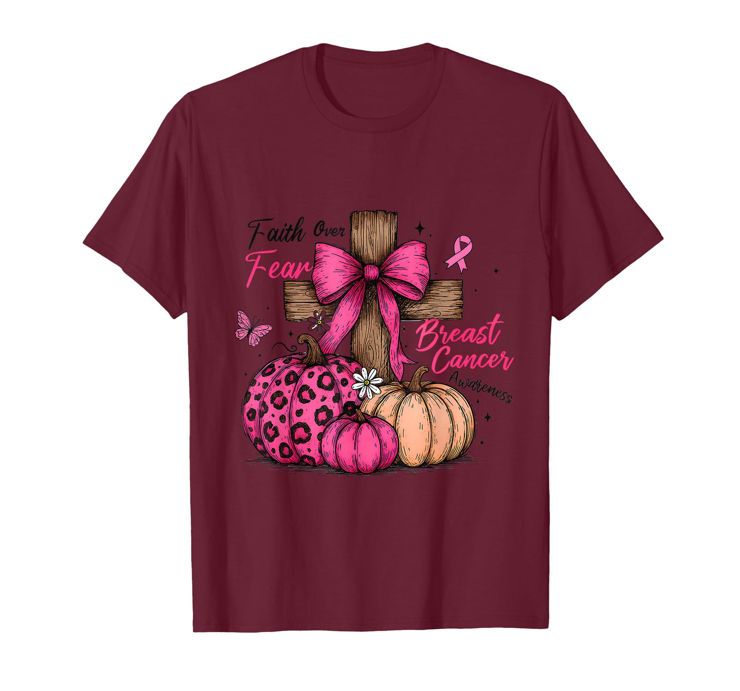 Preppy Faith Over Fear Coquette Christian Cross Pumpkin Tee T-Shirt