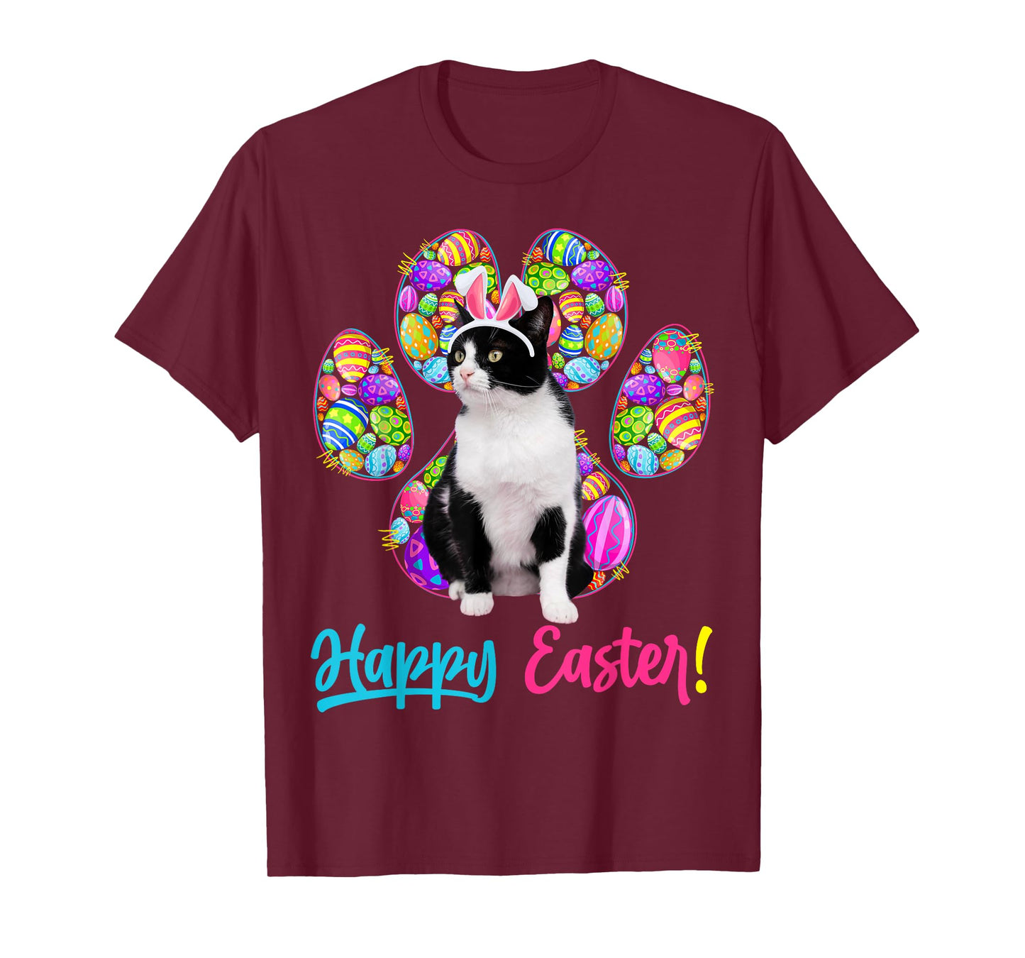 Cute Tuxedo Cat & Bunny Ears Easter Eggs Cat Paw Easter Day T-Shirt