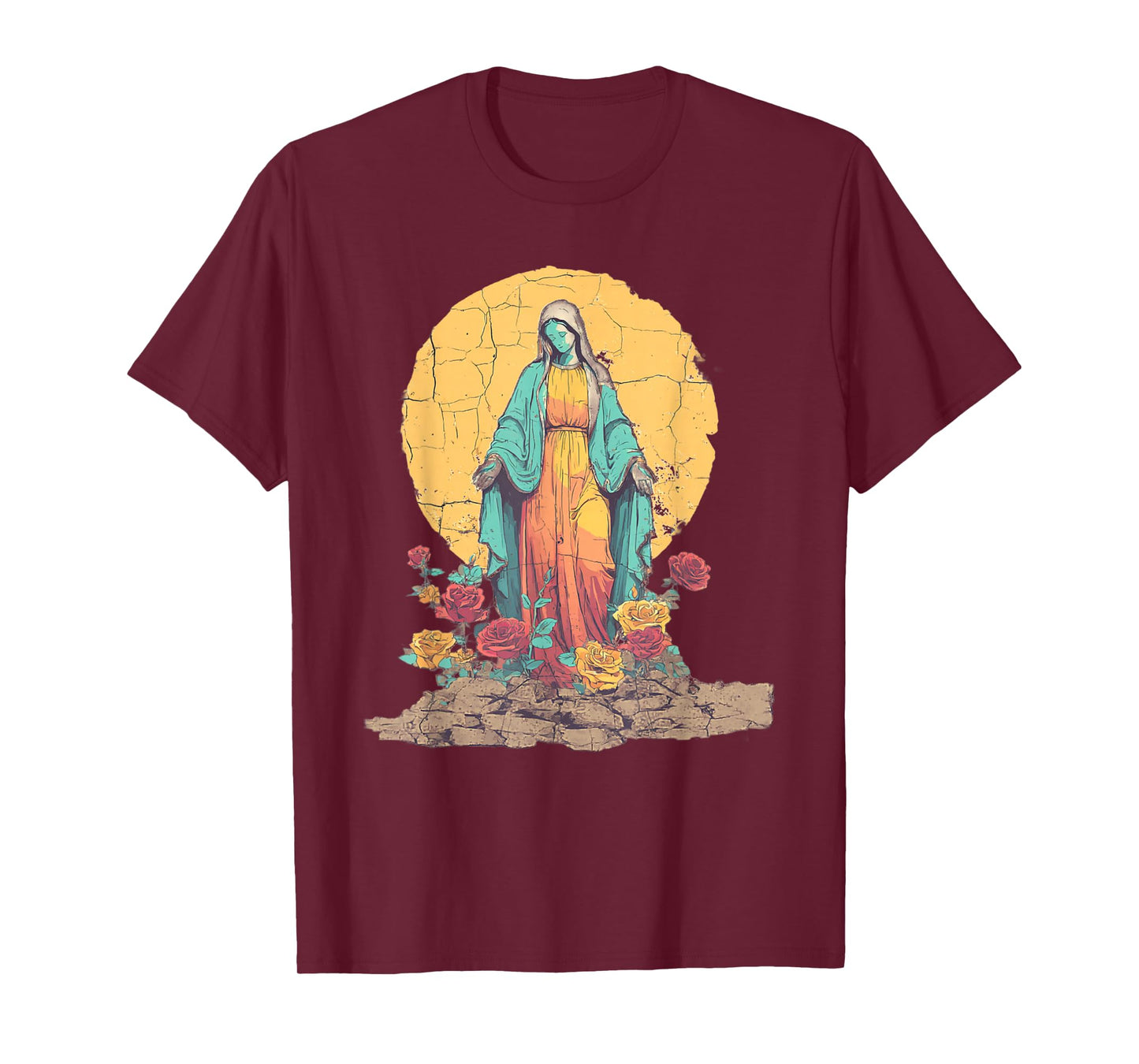 Vintage Mary Religious Art Roses Catholic Design T-Shirt