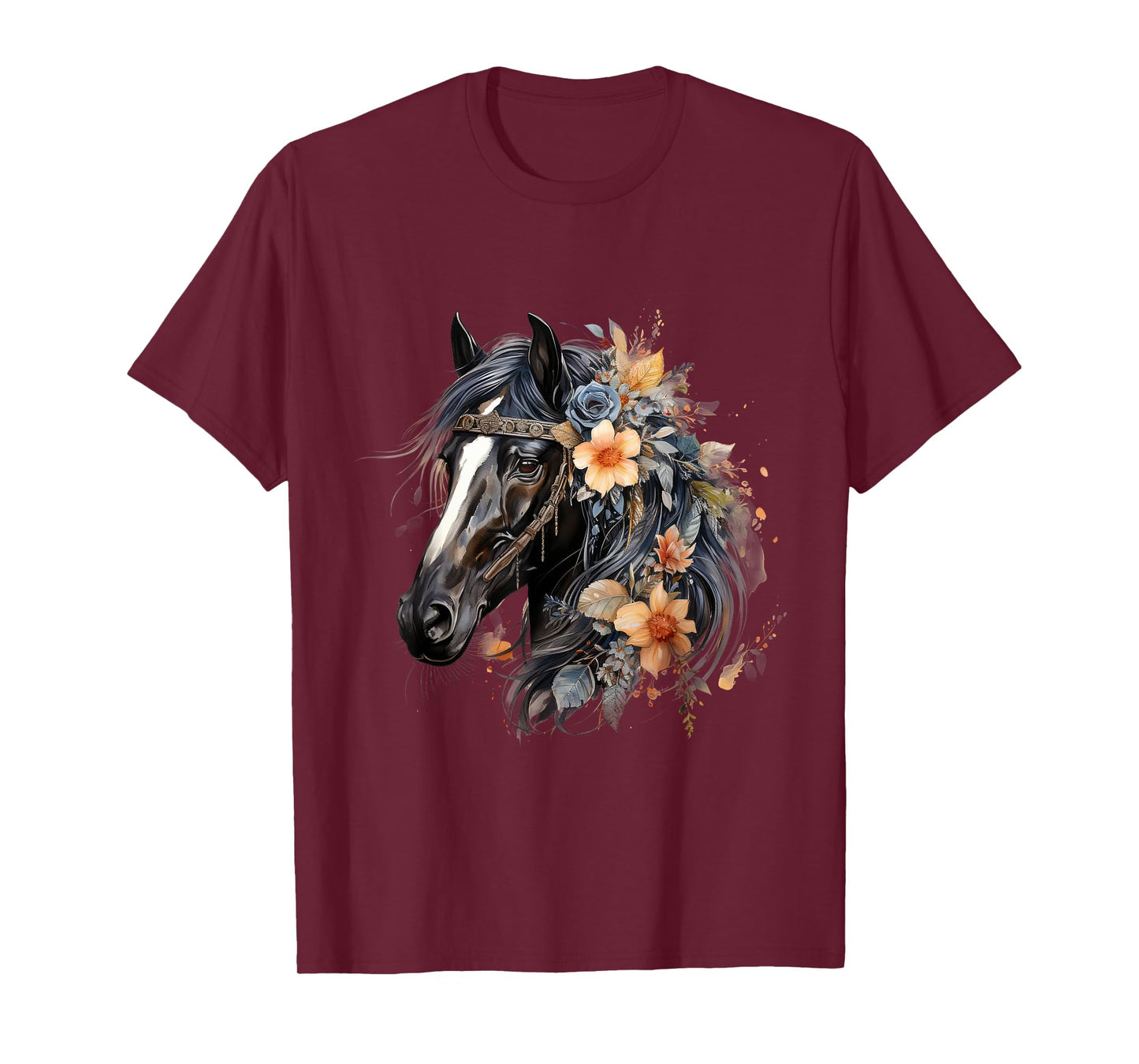 Floral Wild Horse Country Horse Riding T-Shirt, Small, Black