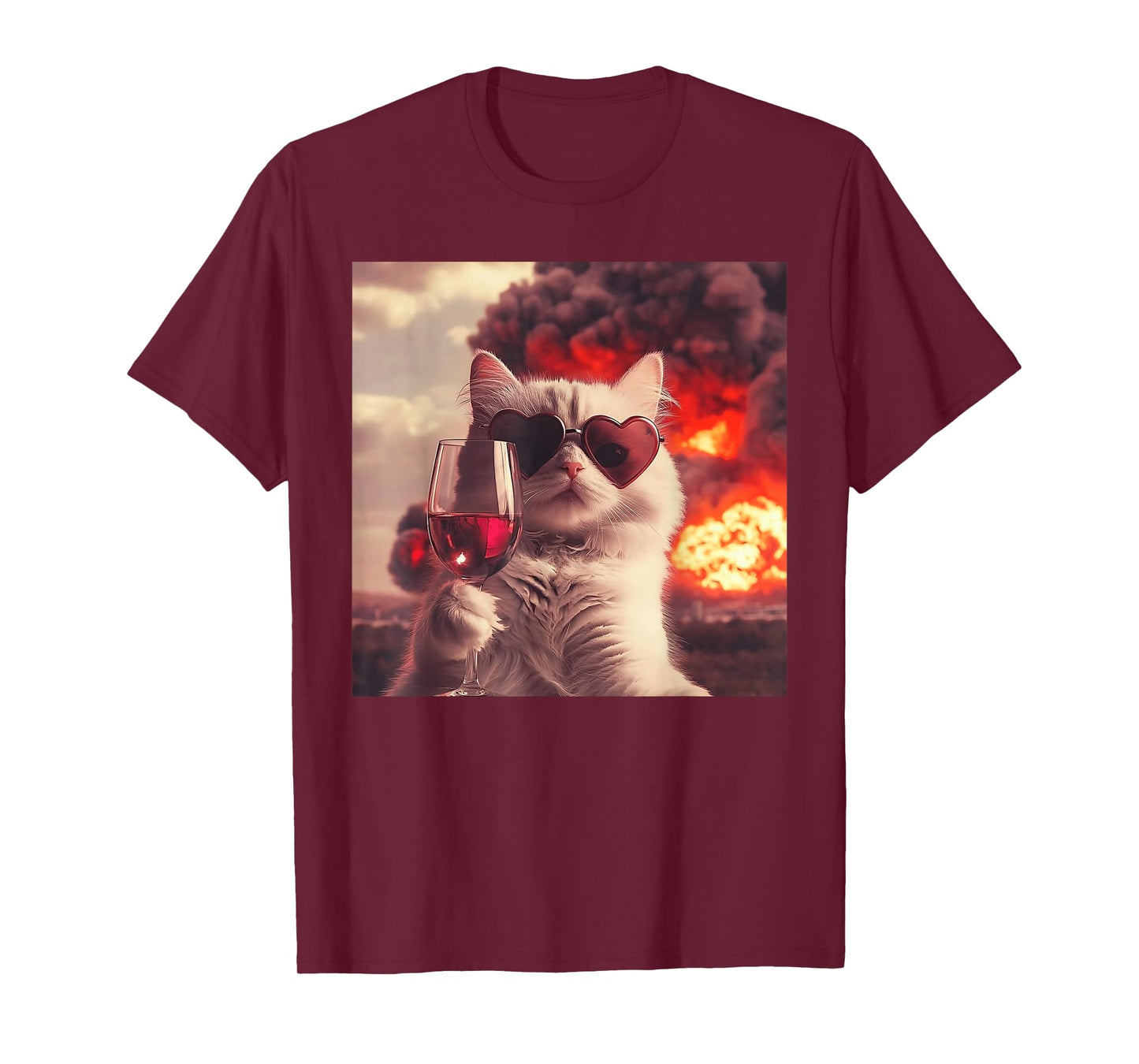 Wacky Cat Holding Wine Selfi with Fire Funny Sunglasses T-Shirt